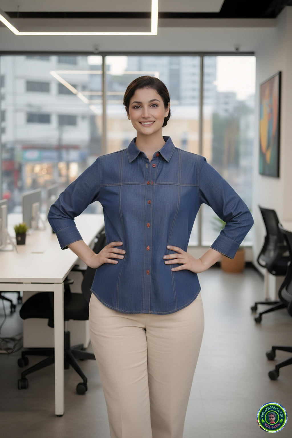 Royal Gold-Stitched Denim Shirt | Joint-Detail Office Wear with 3/4 Cuff Sleeves