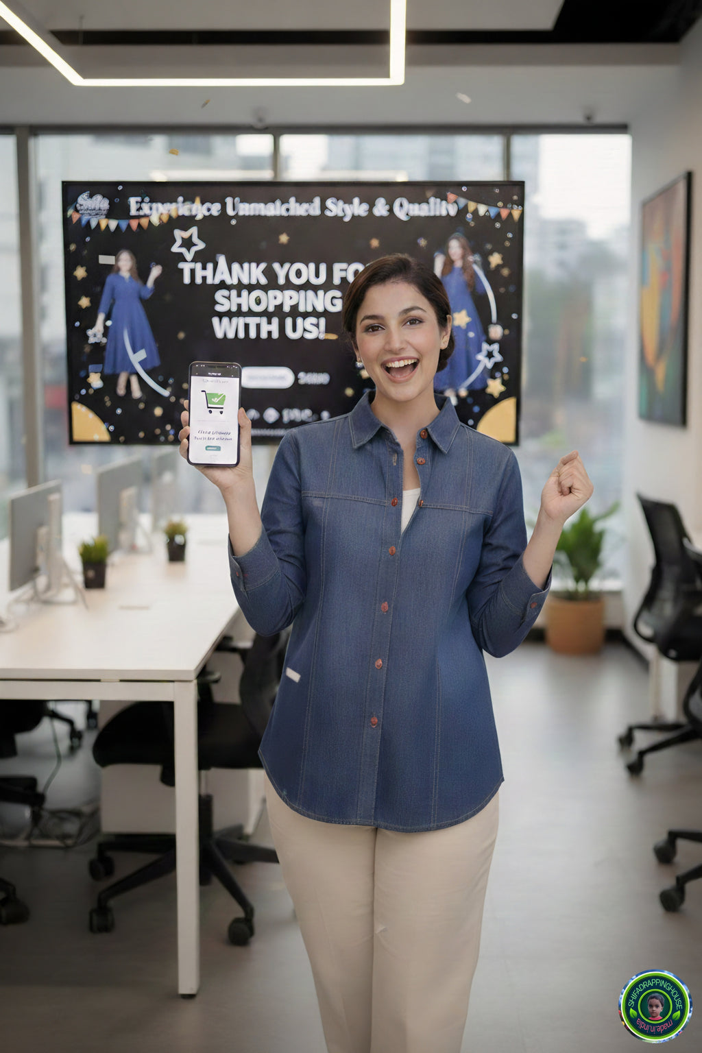 Royal Gold-Stitched Denim Shirt | Joint-Detail Office Wear with 3/4 Cuff Sleeves