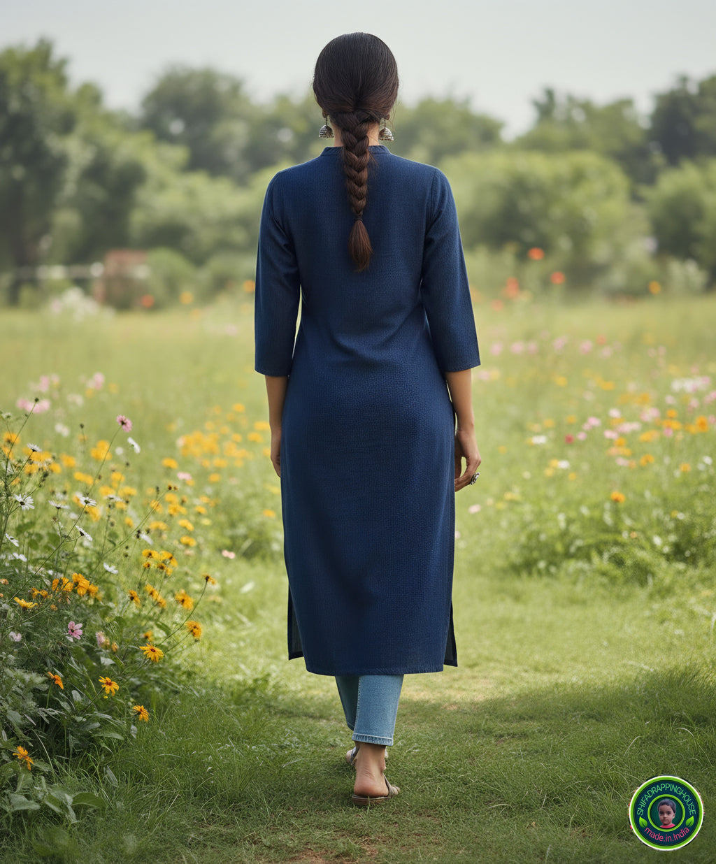 Premium Navy Blue Denim Straight-Cut Kurta with Mandarin Collar