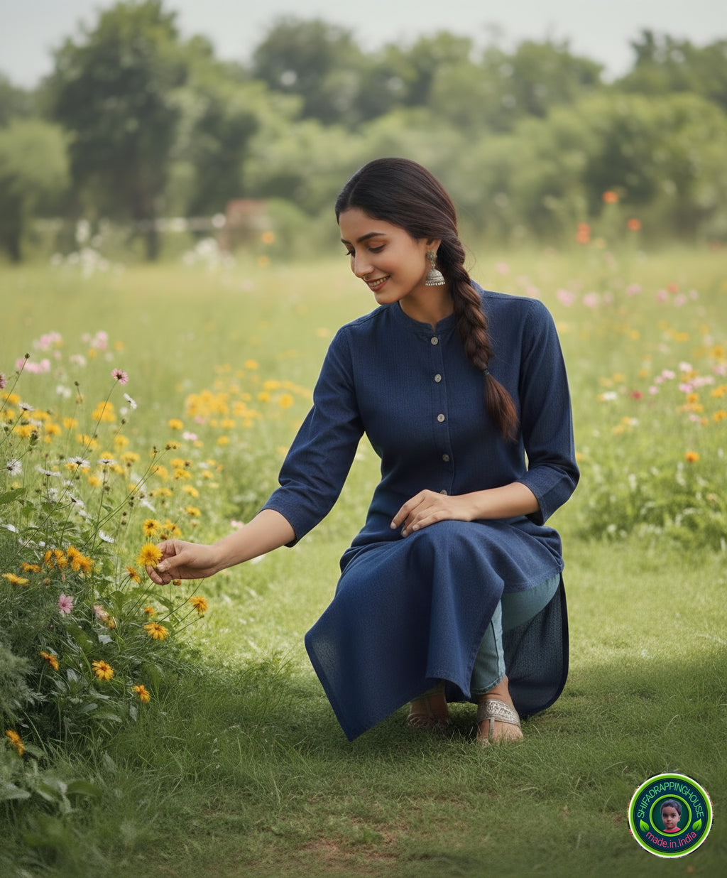 Premium Navy Blue Denim Straight-Cut Kurta with Mandarin Collar