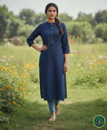 Premium Navy Blue Denim Straight-Cut Kurta with Mandarin Collar