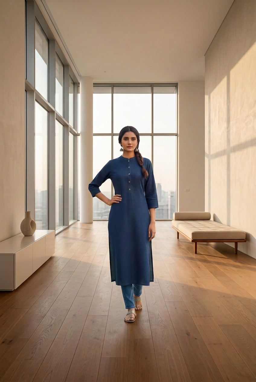 Premium Navy Blue Denim Straight-Cut Kurta with Mandarin Collar