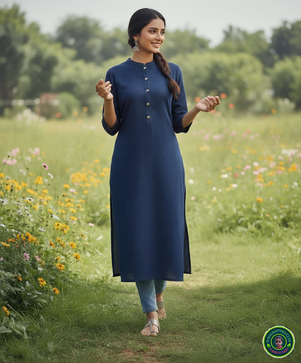 Premium Navy Blue Denim Straight-Cut Kurta with Mandarin Collar