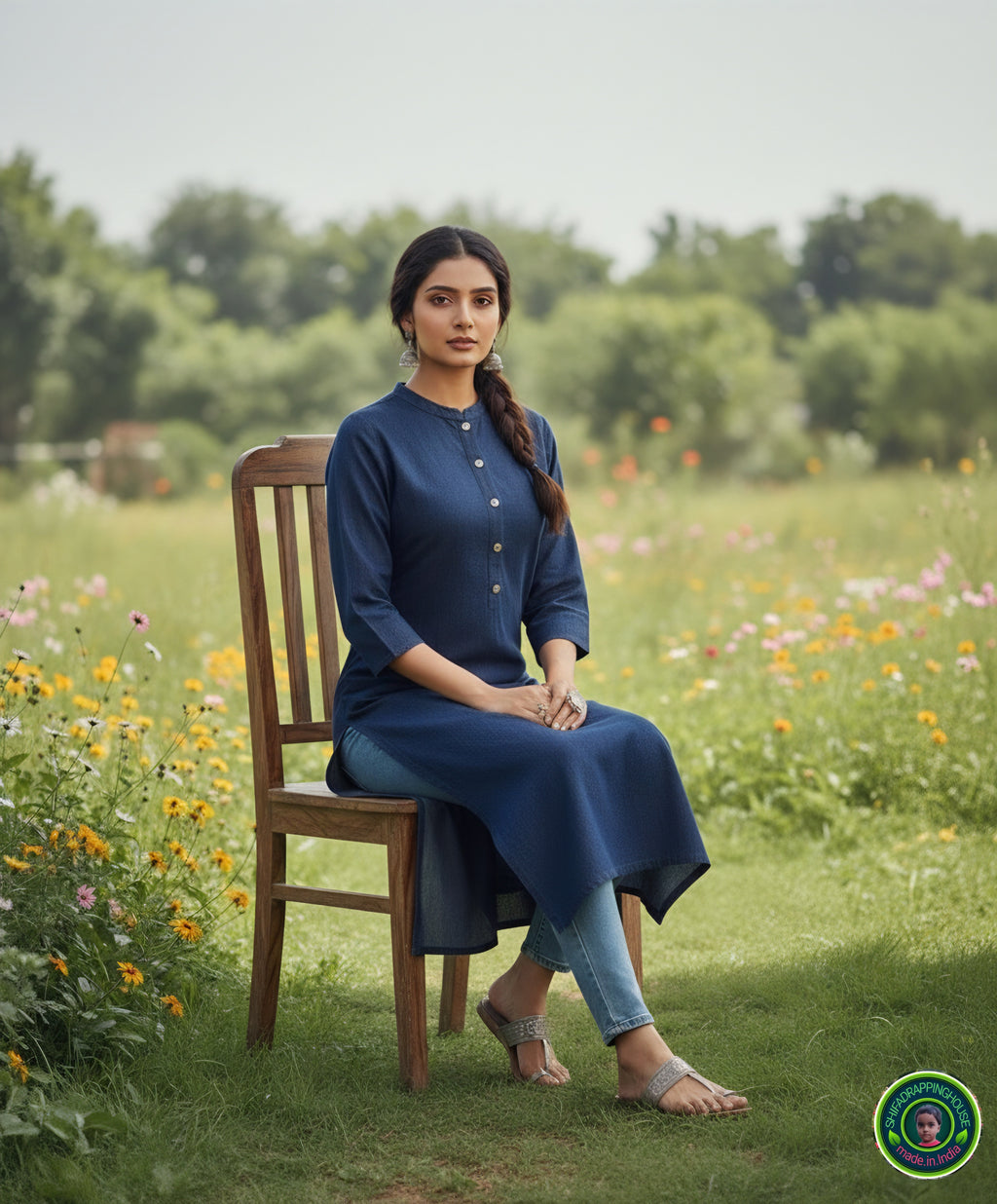 Premium Navy Blue Denim Straight-Cut Kurta with Mandarin Collar