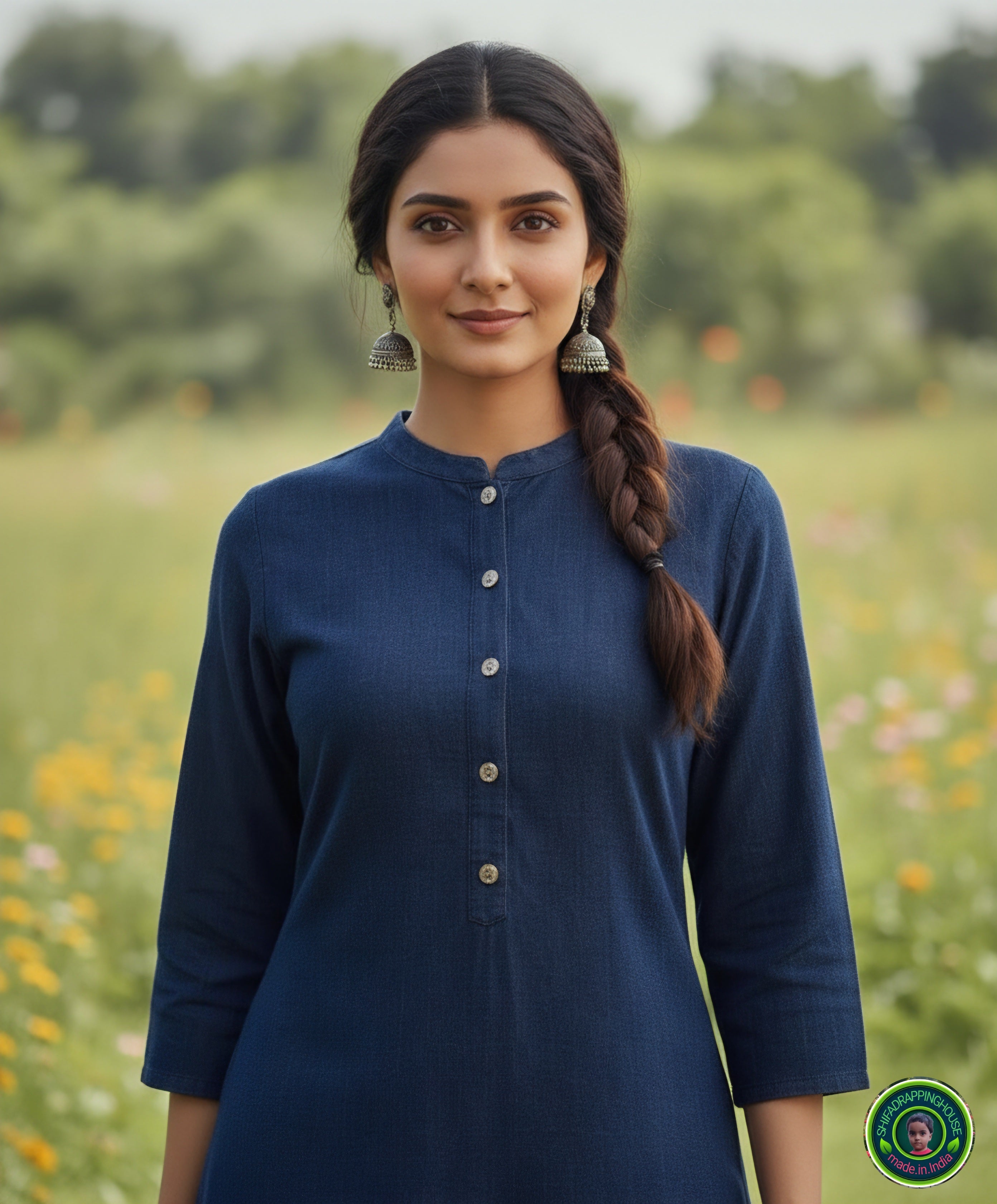 Premium Navy Blue Denim Straight-Cut Kurta with Mandarin Collar