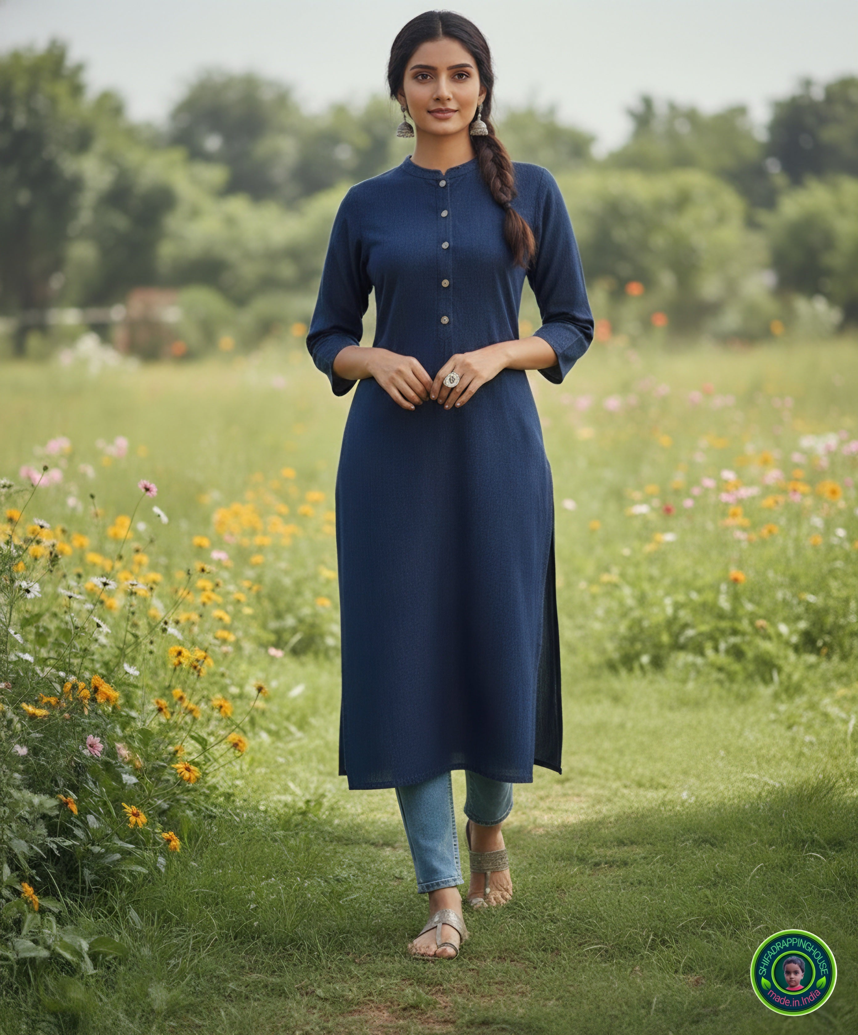 Premium Navy Blue Denim Straight-Cut Kurta with Mandarin Collar