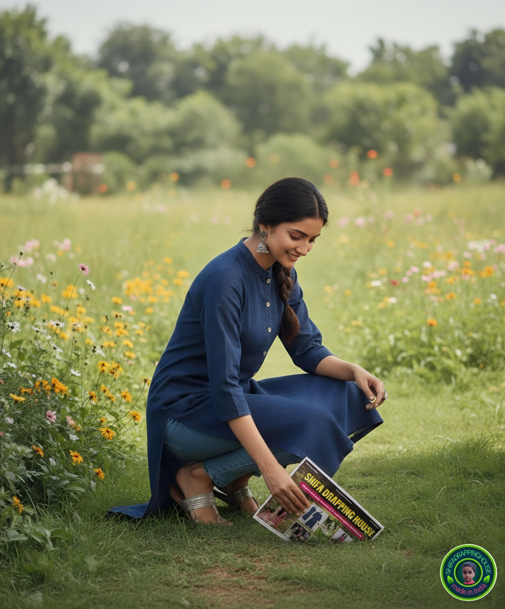 Premium Navy Blue Denim Straight-Cut Kurta with Mandarin Collar