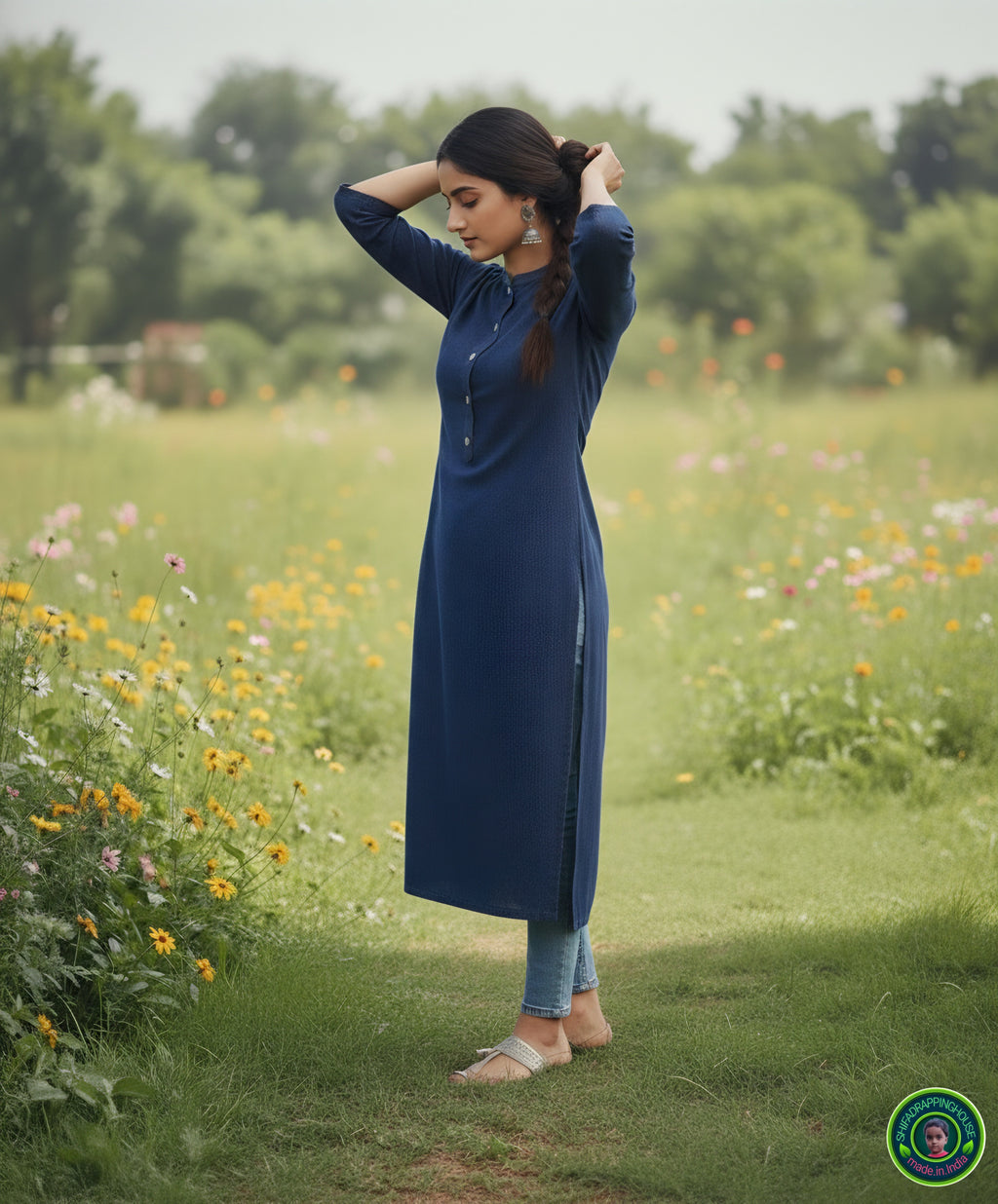 Premium Navy Blue Denim Straight-Cut Kurta with Mandarin Collar