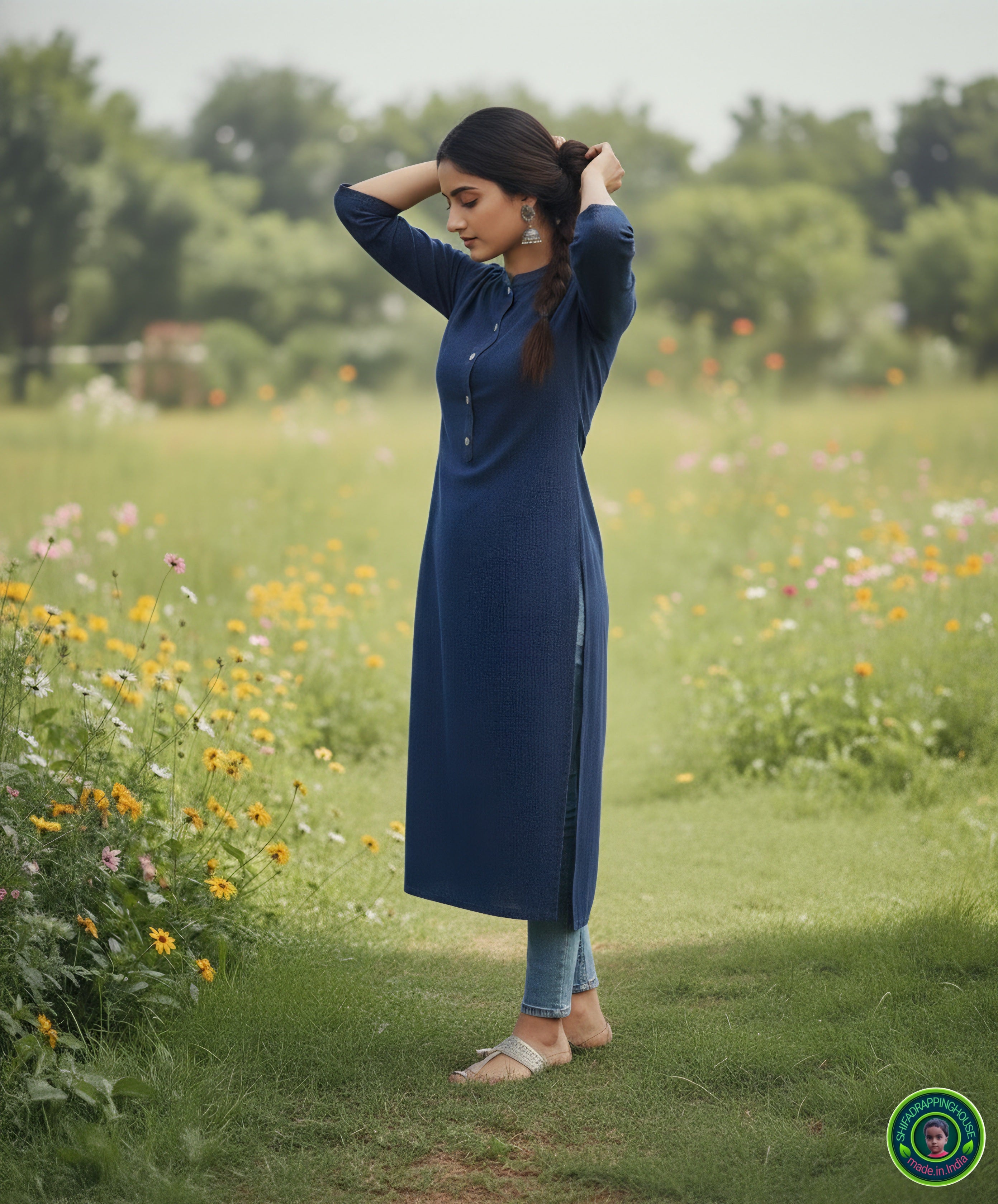 Premium Navy Blue Denim Straight-Cut Kurta with Mandarin Collar