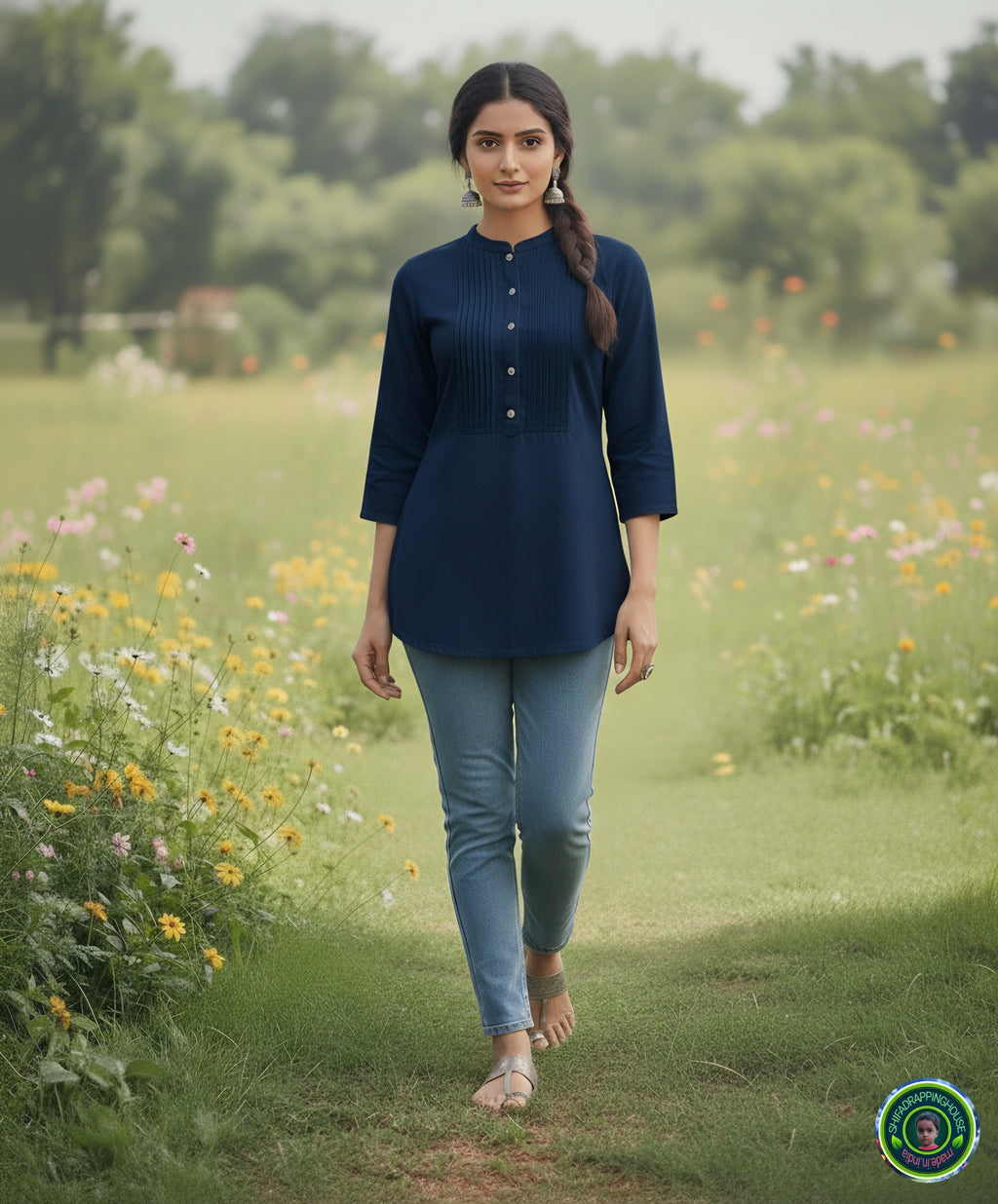 Mandarin Collar Denim Tunic Top with Pintex Yoke & Ship Buttons