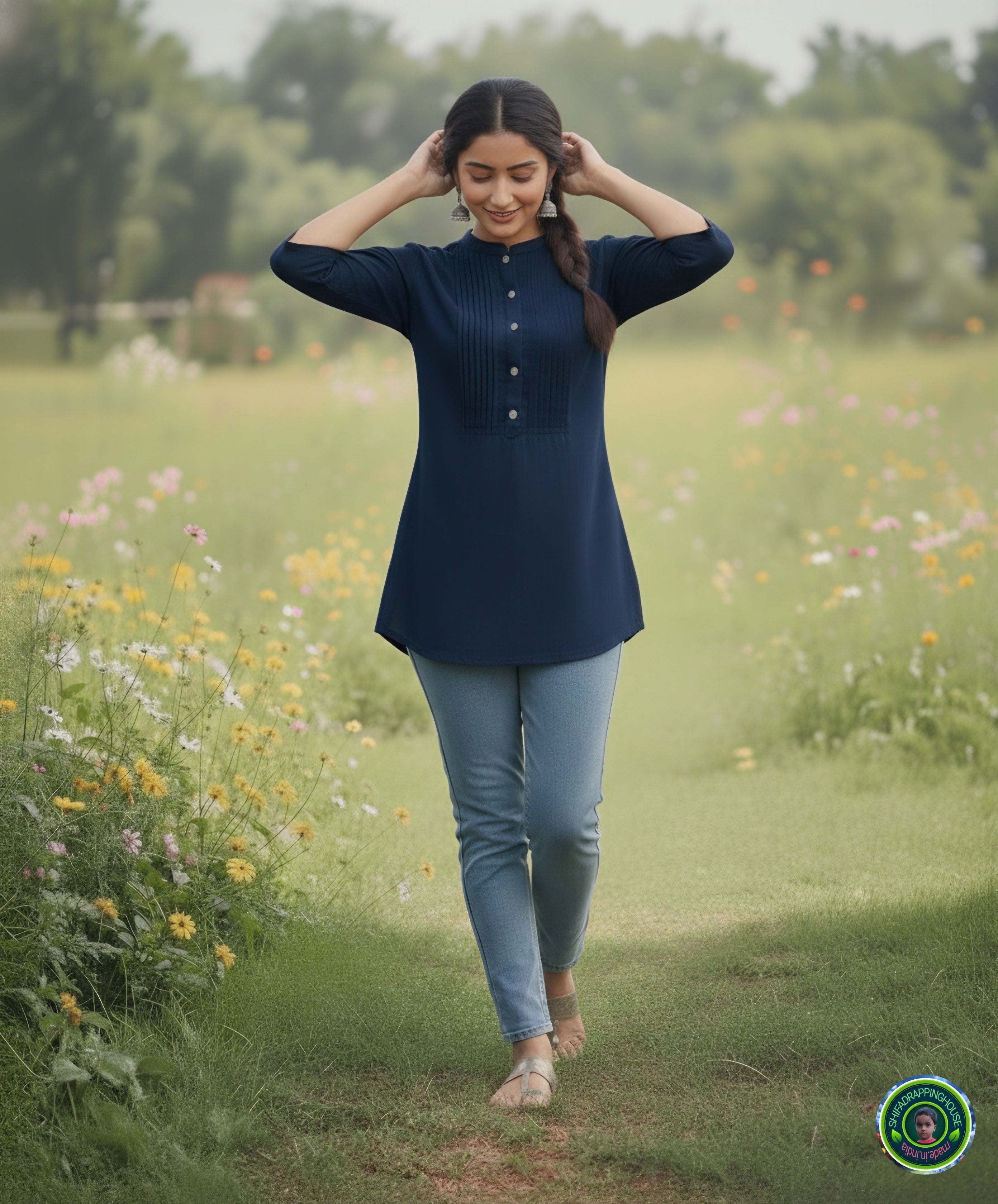 Mandarin Collar Denim Tunic Top with Pintex Yoke & Ship Buttons