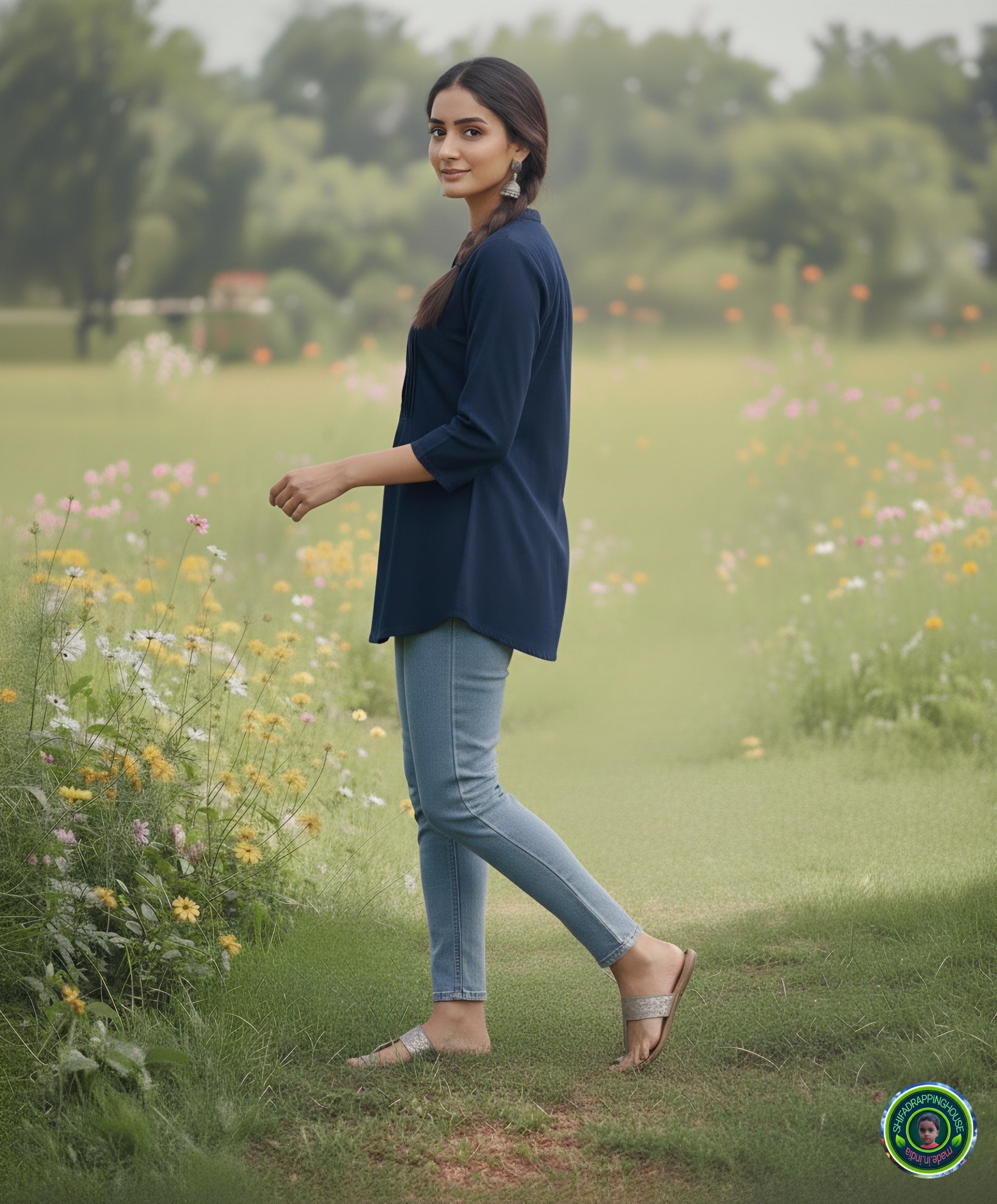 Mandarin Collar Denim Tunic Top with Pintex Yoke & Ship Buttons