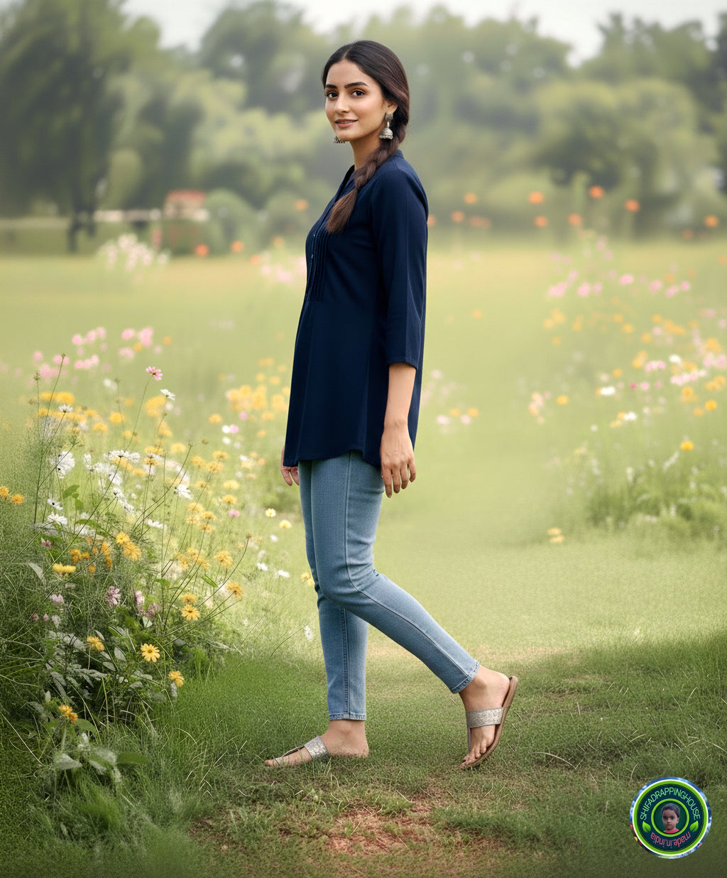Mandarin Collar Denim Tunic Top with Pintex Yoke & Ship Buttons