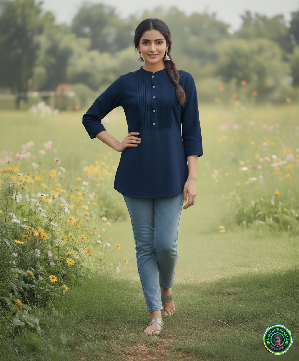 Mandarin Collar Denim Tunic Top with Pintex Yoke & Ship Buttons