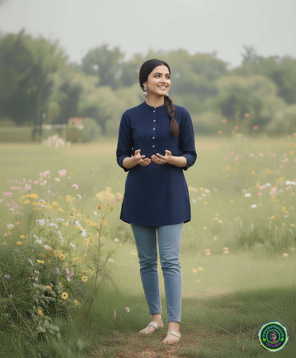 Mandarin Collar Denim Tunic Top with Pintex Yoke & Ship Buttons