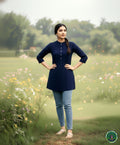 Mandarin Collar Denim Tunic Top with Pintex Yoke & Ship Buttons