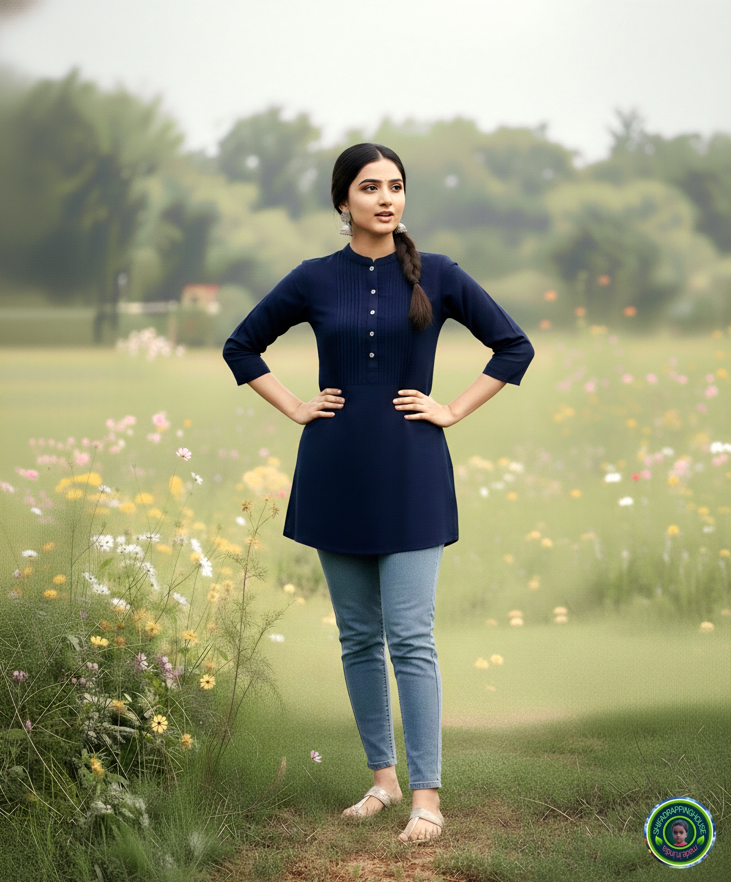 Mandarin Collar Denim Tunic Top with Pintex Yoke & Ship Buttons