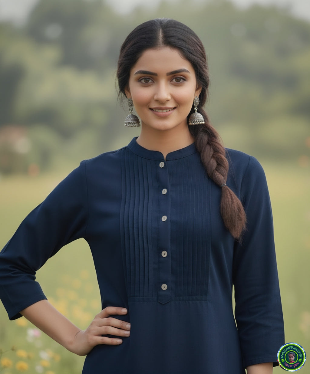 Mandarin Collar Denim Tunic Top with Pintex Yoke & Ship Buttons