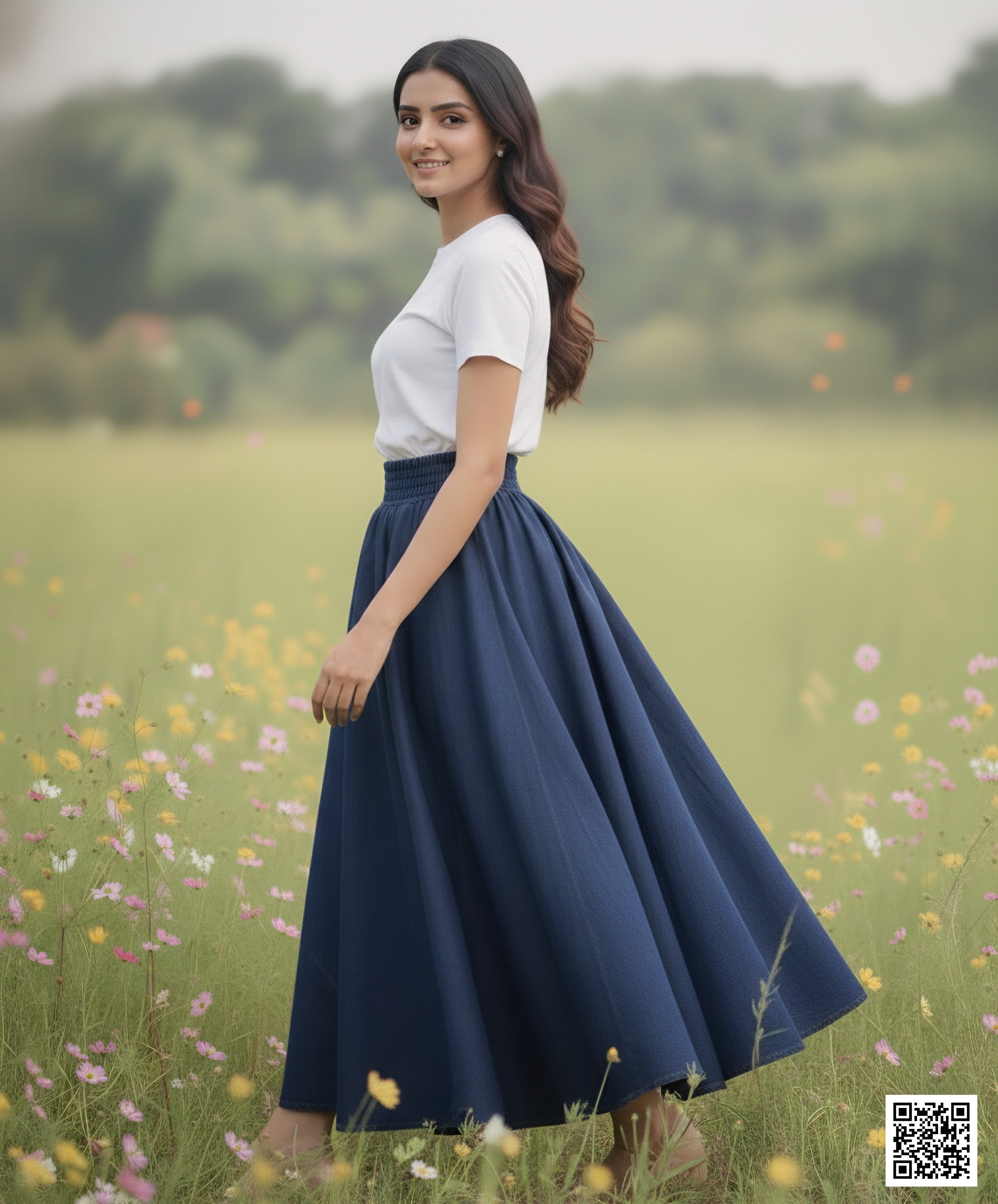 Navy Blue Denim Gathered Midi Skirt with Wide Elasticated Waistband