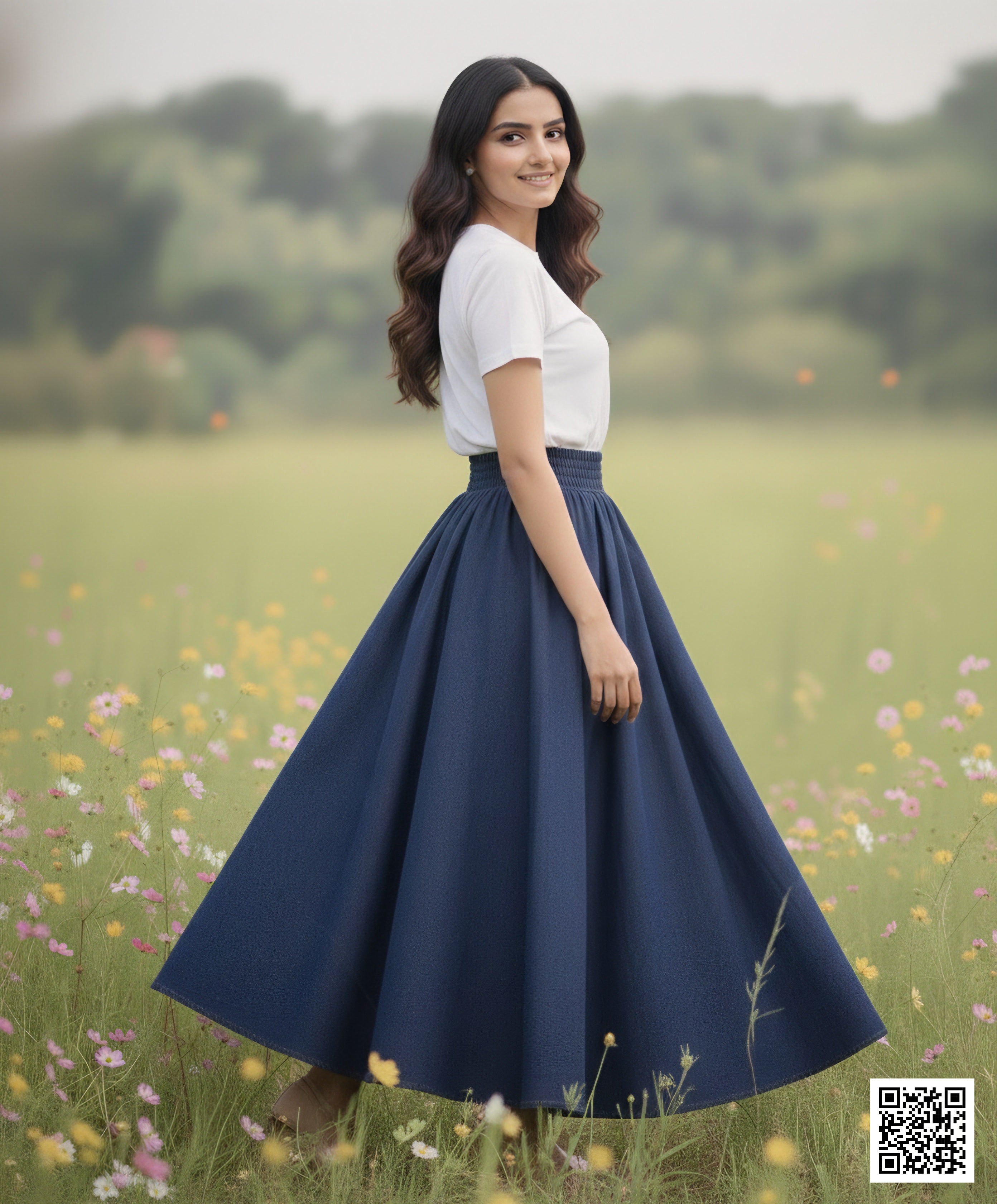 Navy Blue Denim Gathered Midi Skirt with Wide Elasticated Waistband