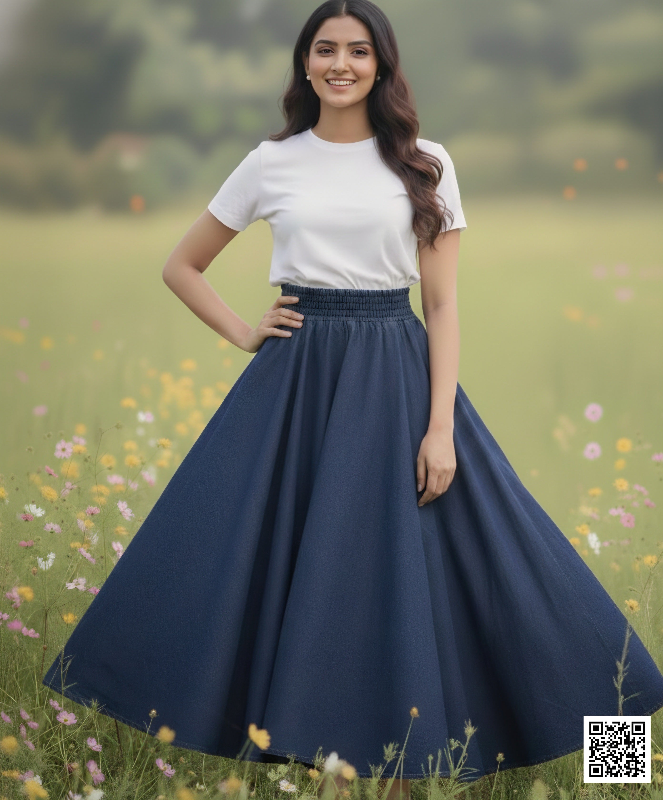 Navy Blue Denim Gathered Midi Skirt with Wide Elasticated Waistband