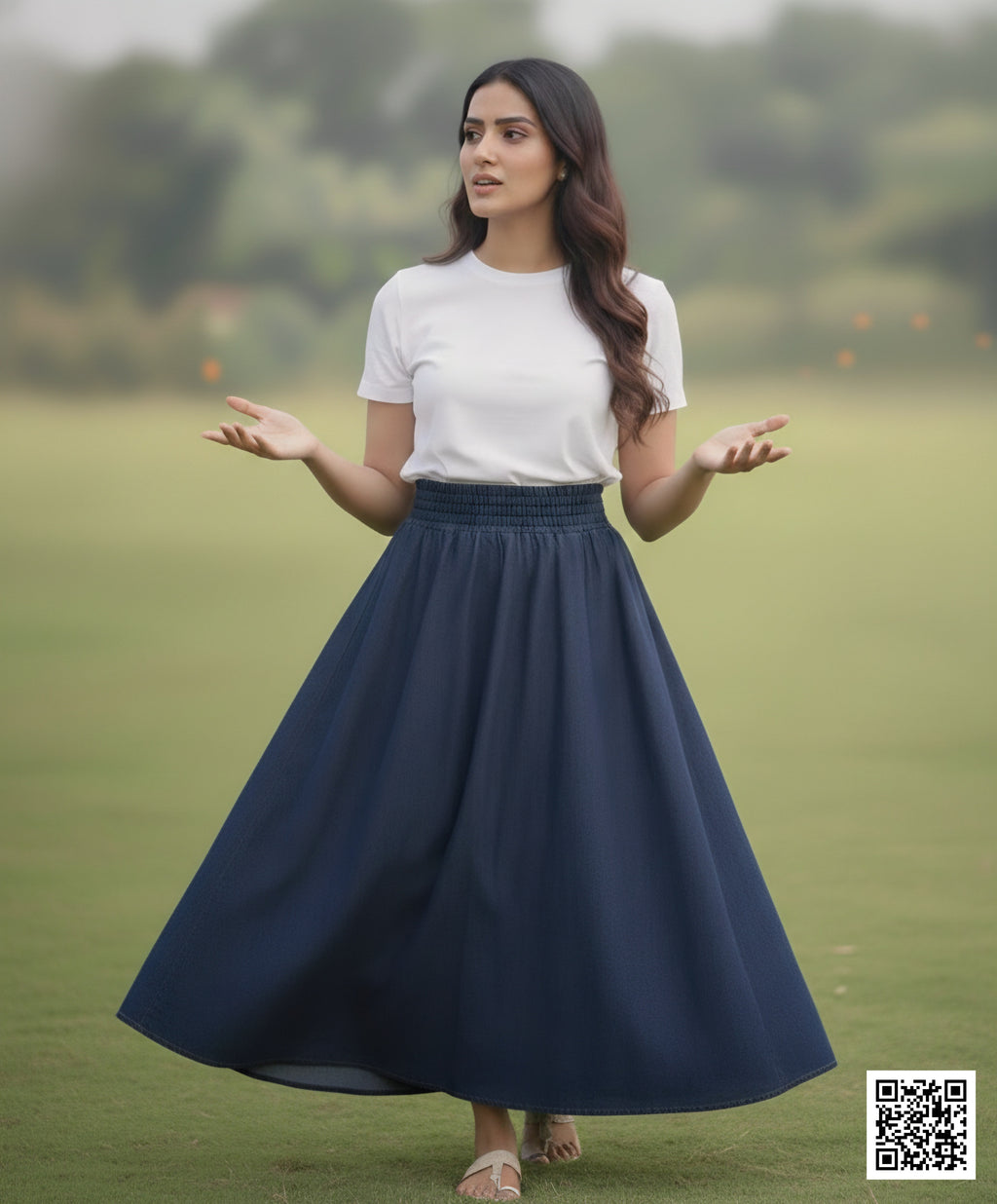 Navy Blue Denim Gathered Midi Skirt with Wide Elasticated Waistband