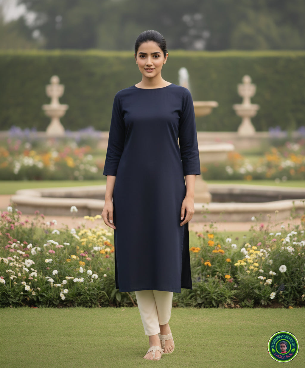 Minimalist Navy Blue Solid Denim Straight-Cut Kurta with Round Neck