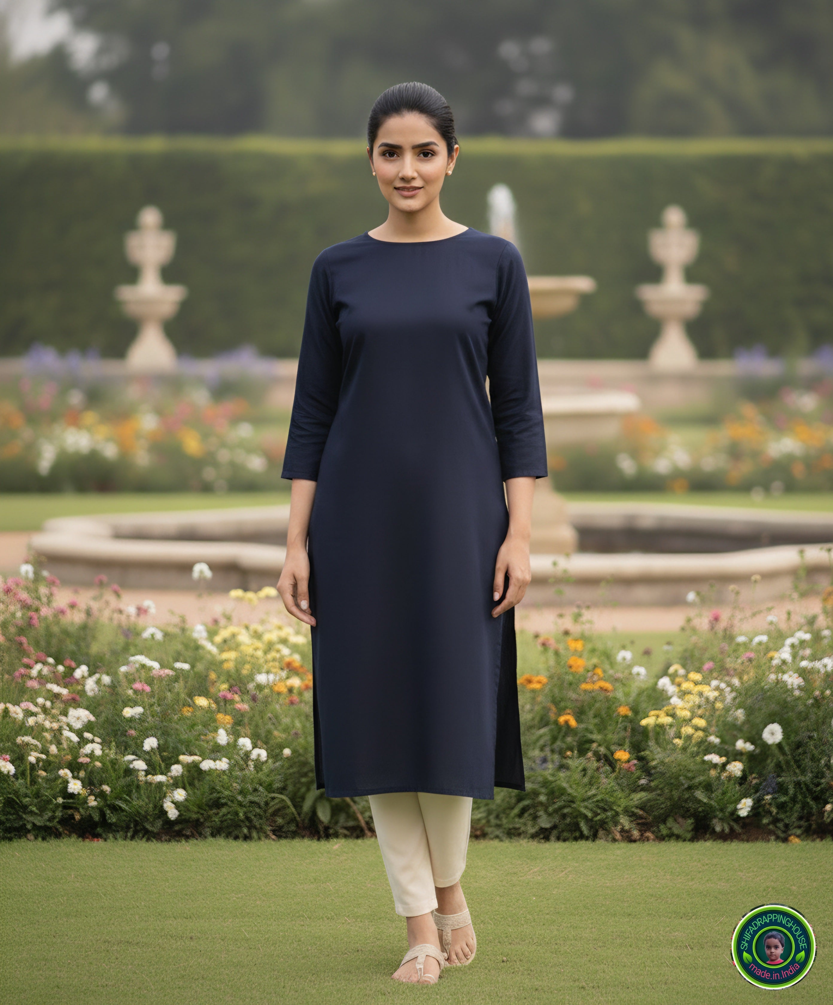 Minimalist Navy Blue Solid Denim Straight-Cut Kurta with Round Neck