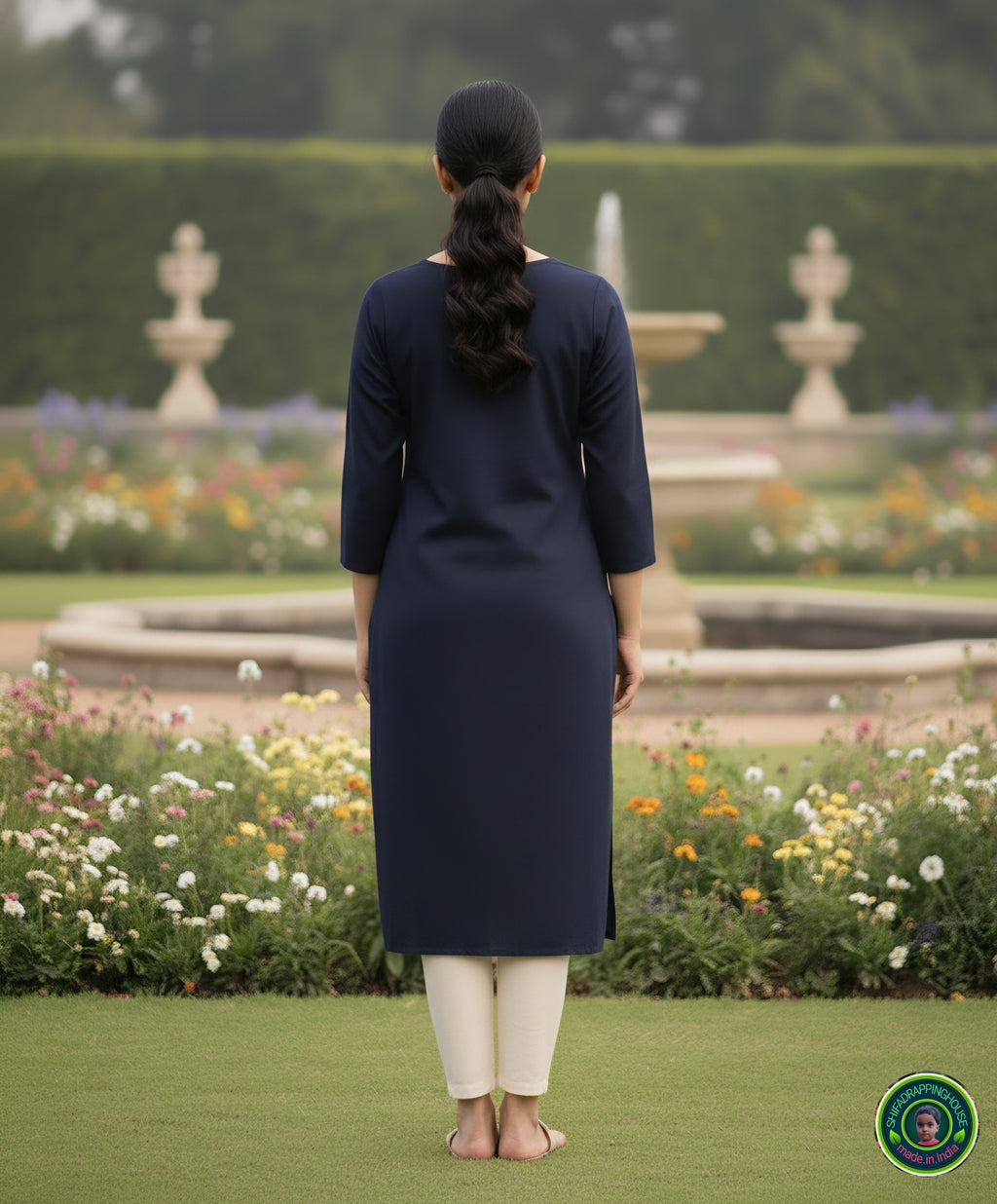 Minimalist Navy Blue Solid Denim Straight-Cut Kurta with Round Neck