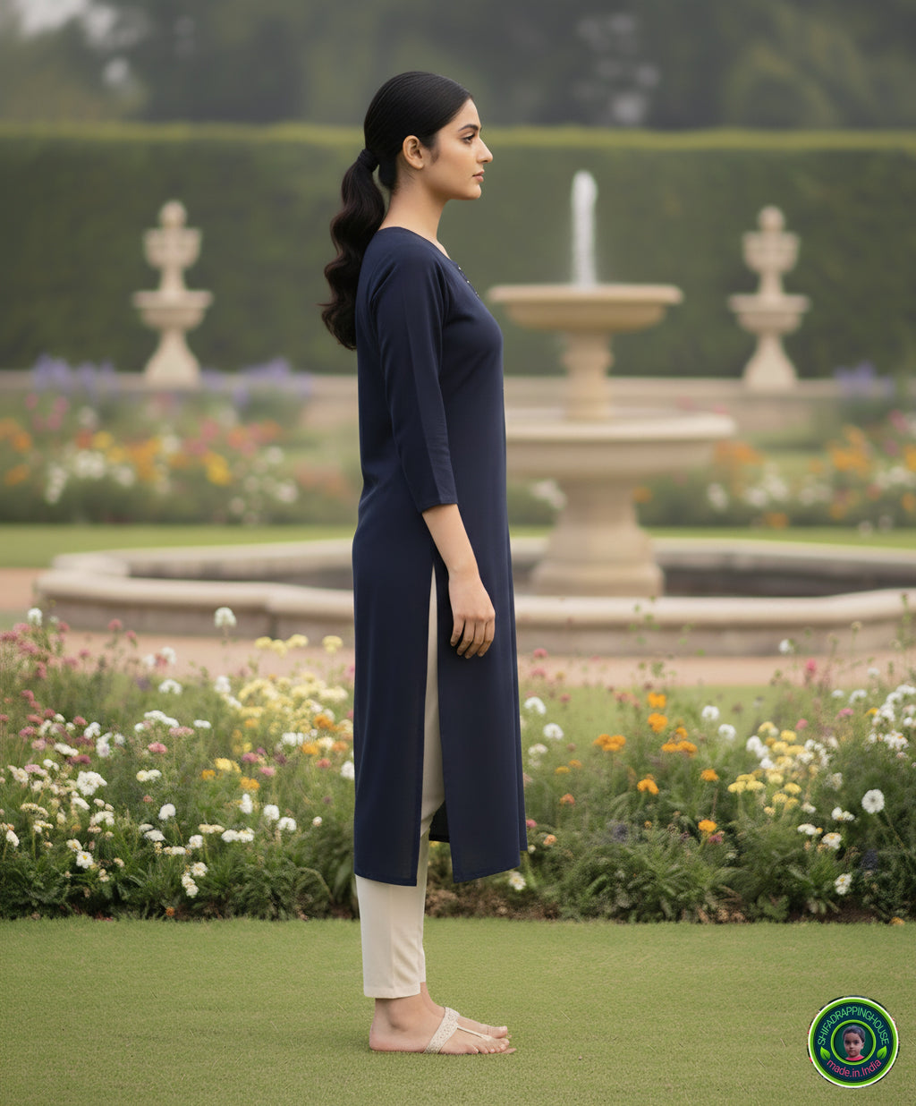 Minimalist Navy Blue Solid Denim Straight-Cut Kurta with Round Neck