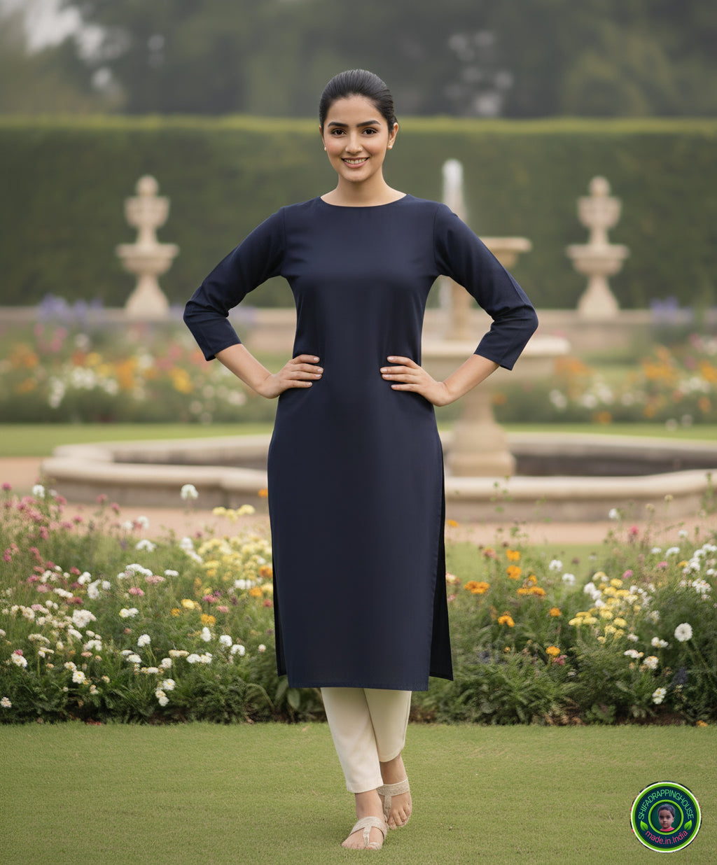 Minimalist Navy Blue Solid Denim Straight-Cut Kurta with Round Neck