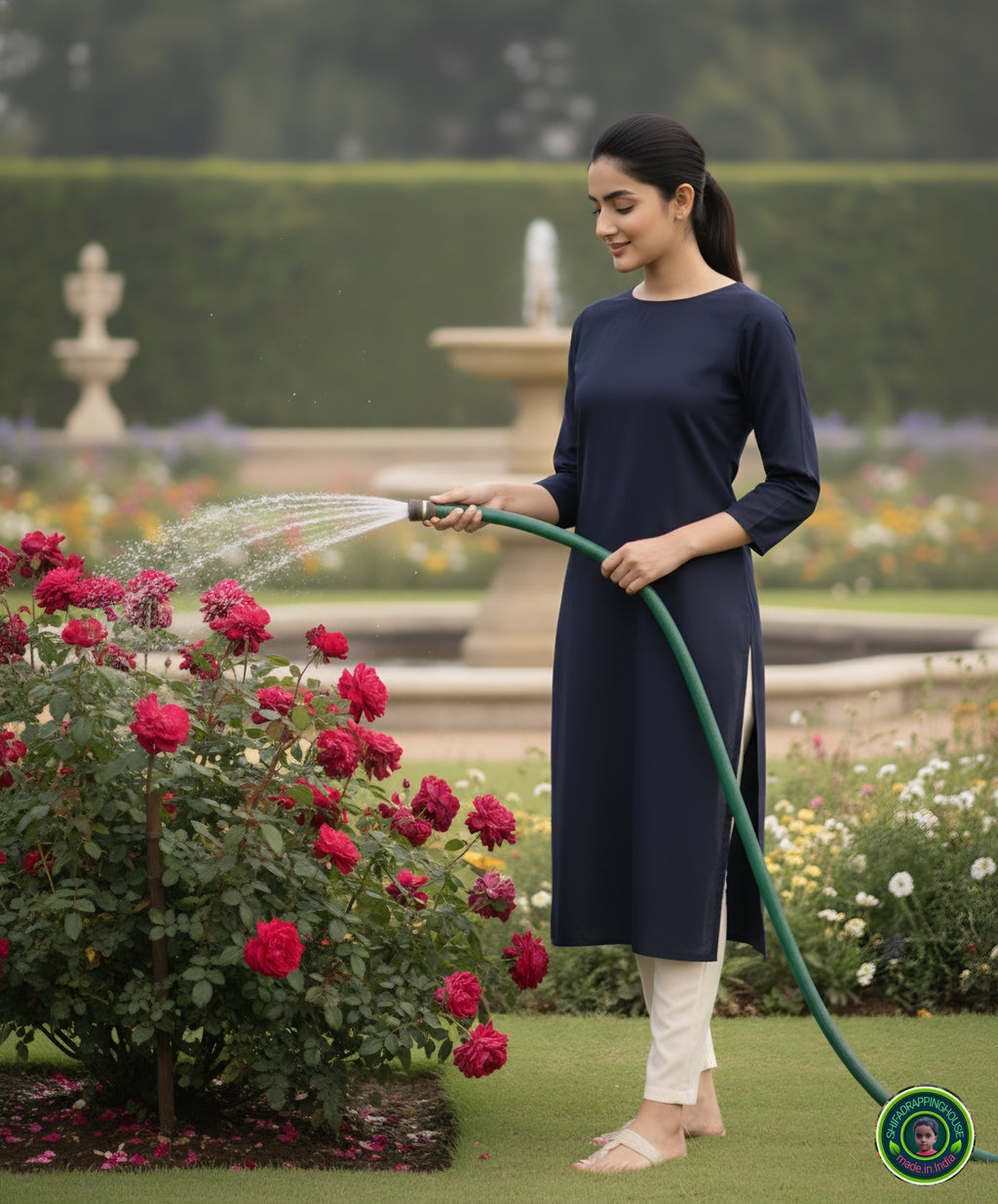 Minimalist Navy Blue Solid Denim Straight-Cut Kurta with Round Neck