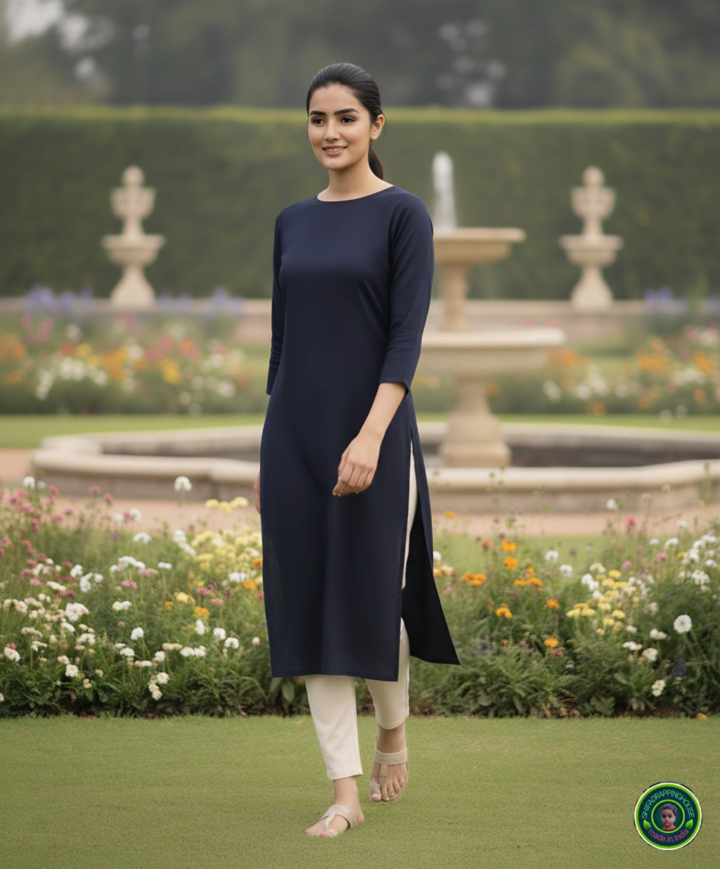 Minimalist Navy Blue Solid Denim Straight-Cut Kurta with Round Neck