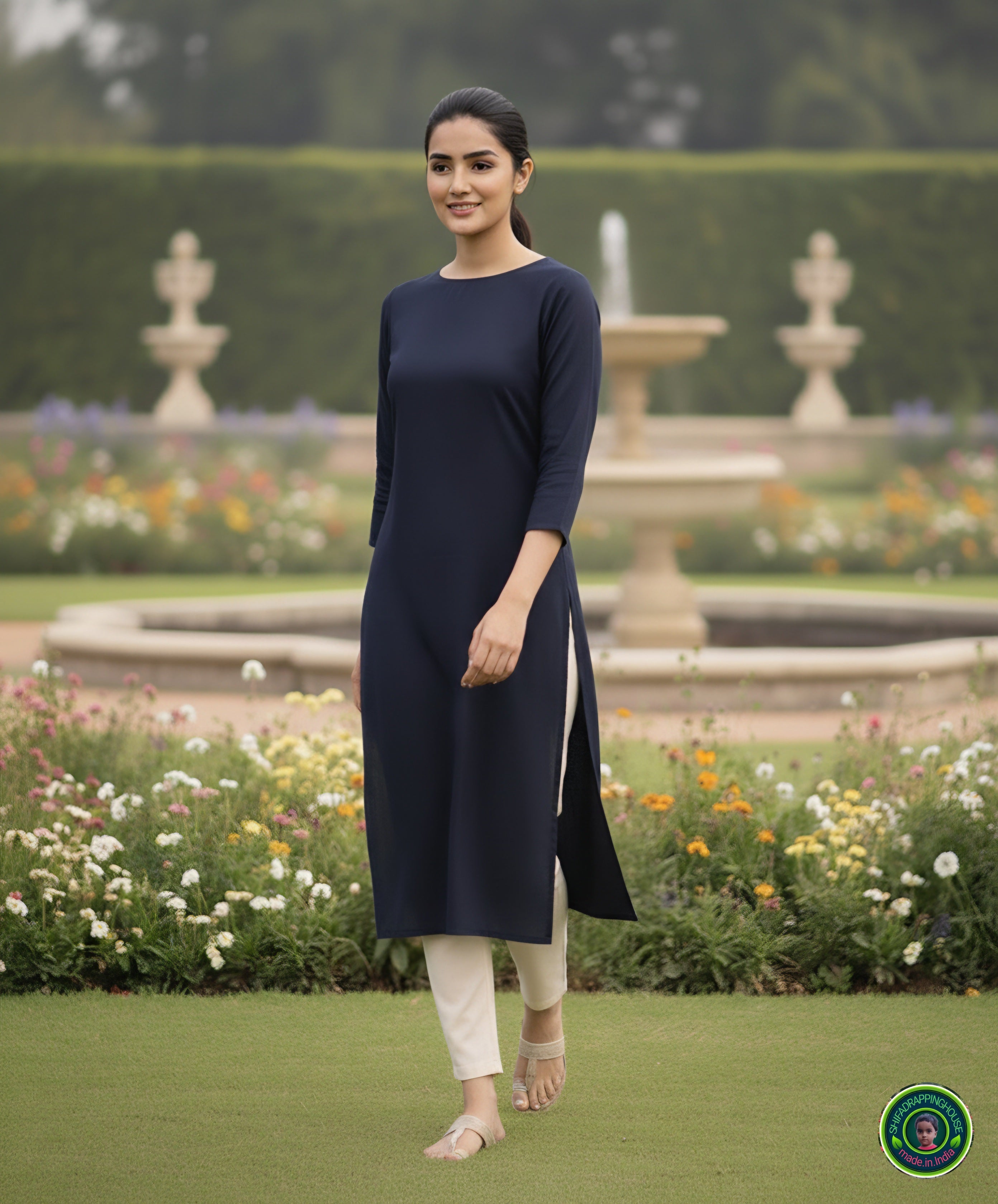 Minimalist Navy Blue Solid Denim Straight-Cut Kurta with Round Neck