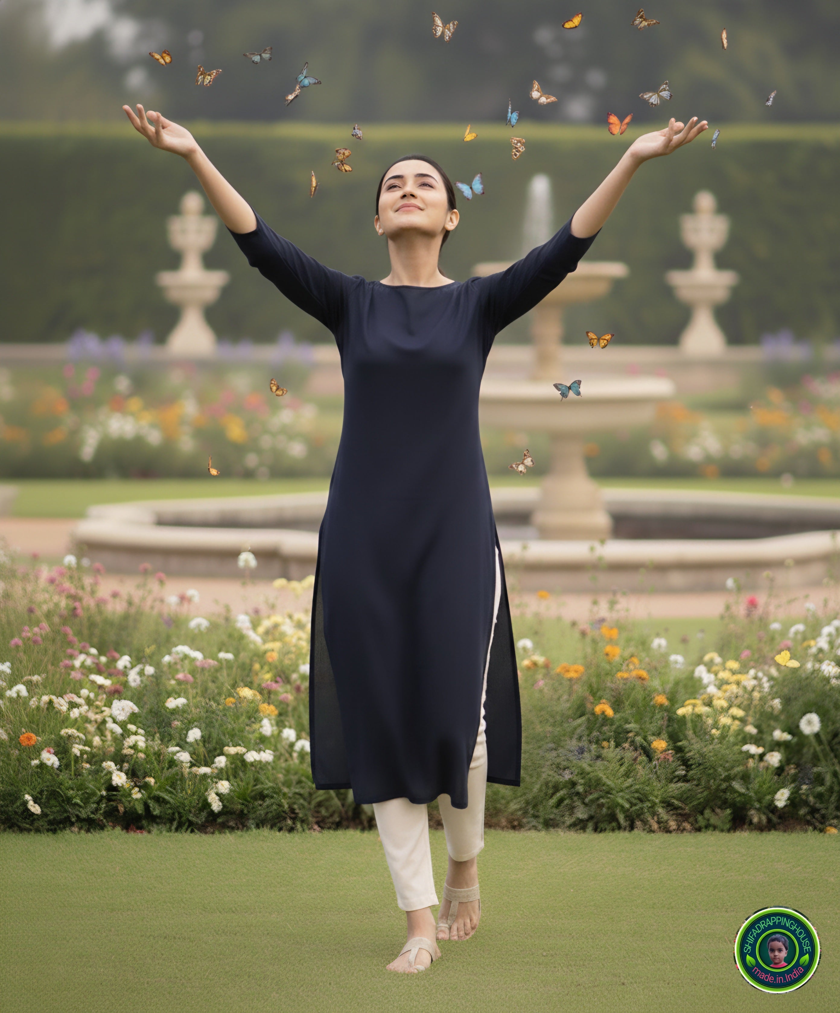 Minimalist Navy Blue Solid Denim Straight-Cut Kurta with Round Neck