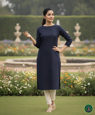 Minimalist Navy Blue Solid Denim Straight-Cut Kurta with Round Neck