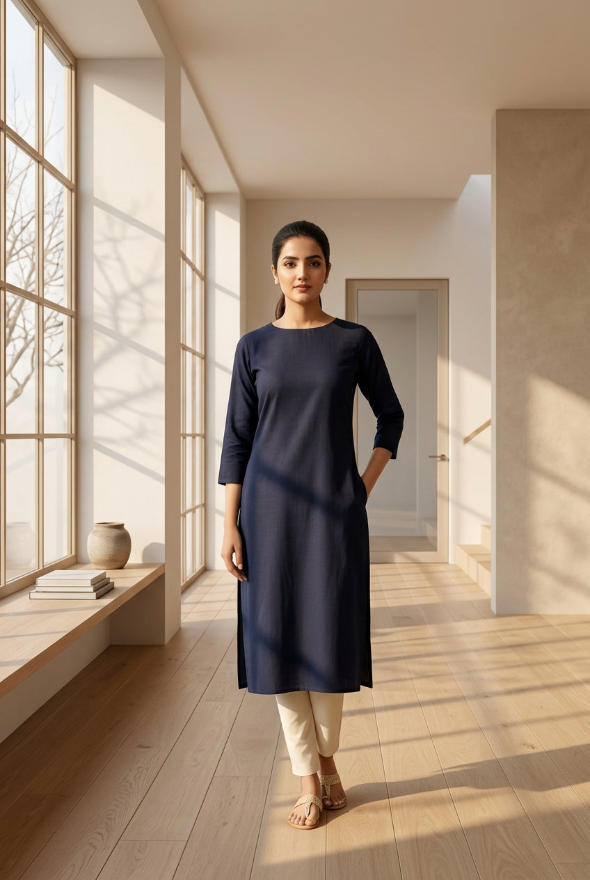 Woman in a navy blue kurta standing in a garden with flowers and sculptures in the background