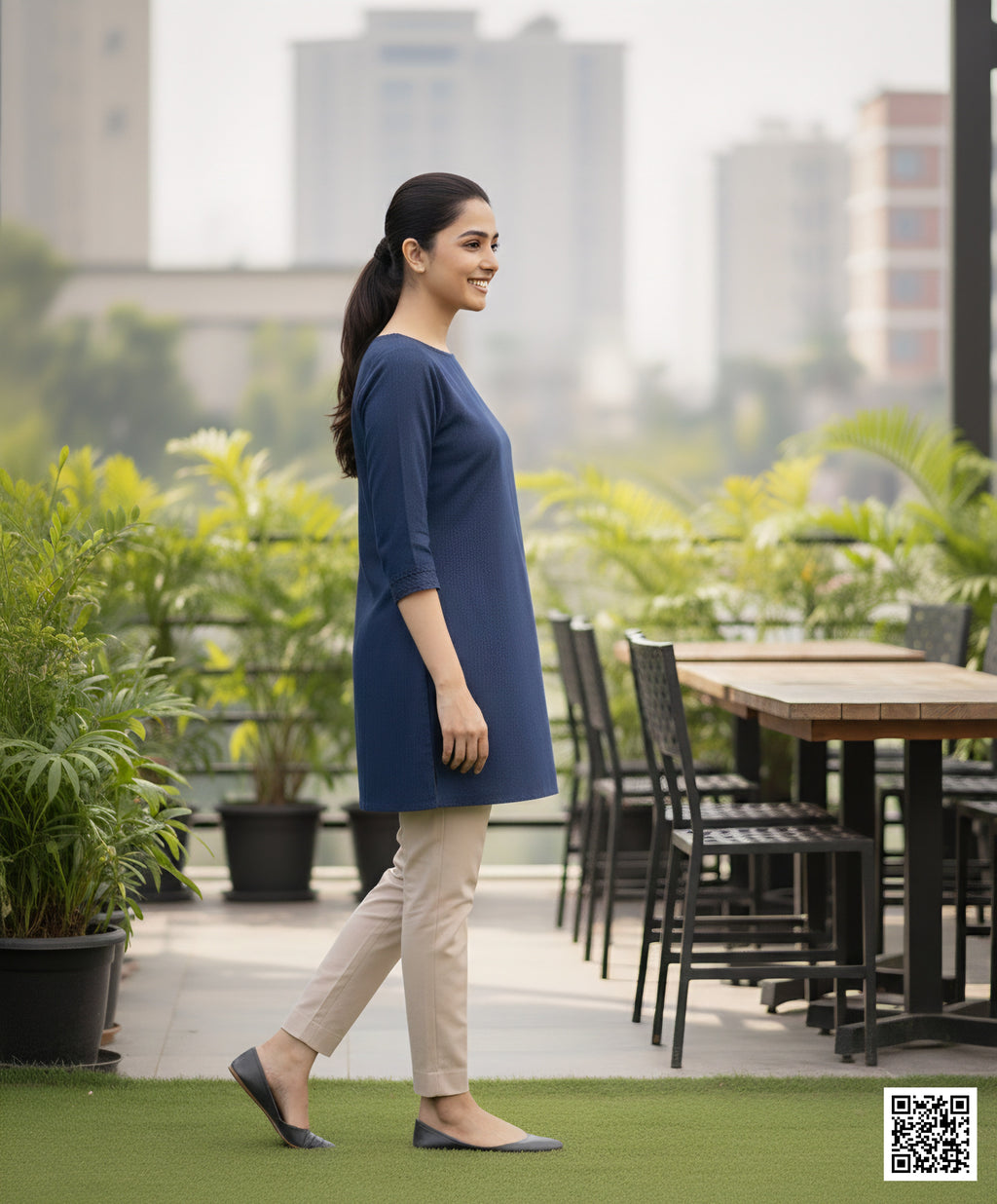 Chic Boat-Neck Denim Tunic Kurta – Contemporary Office & Daily Wear