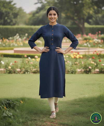 Premium Denim Straight-Cut Kurta with Pintex Yoke and Wooden Accents