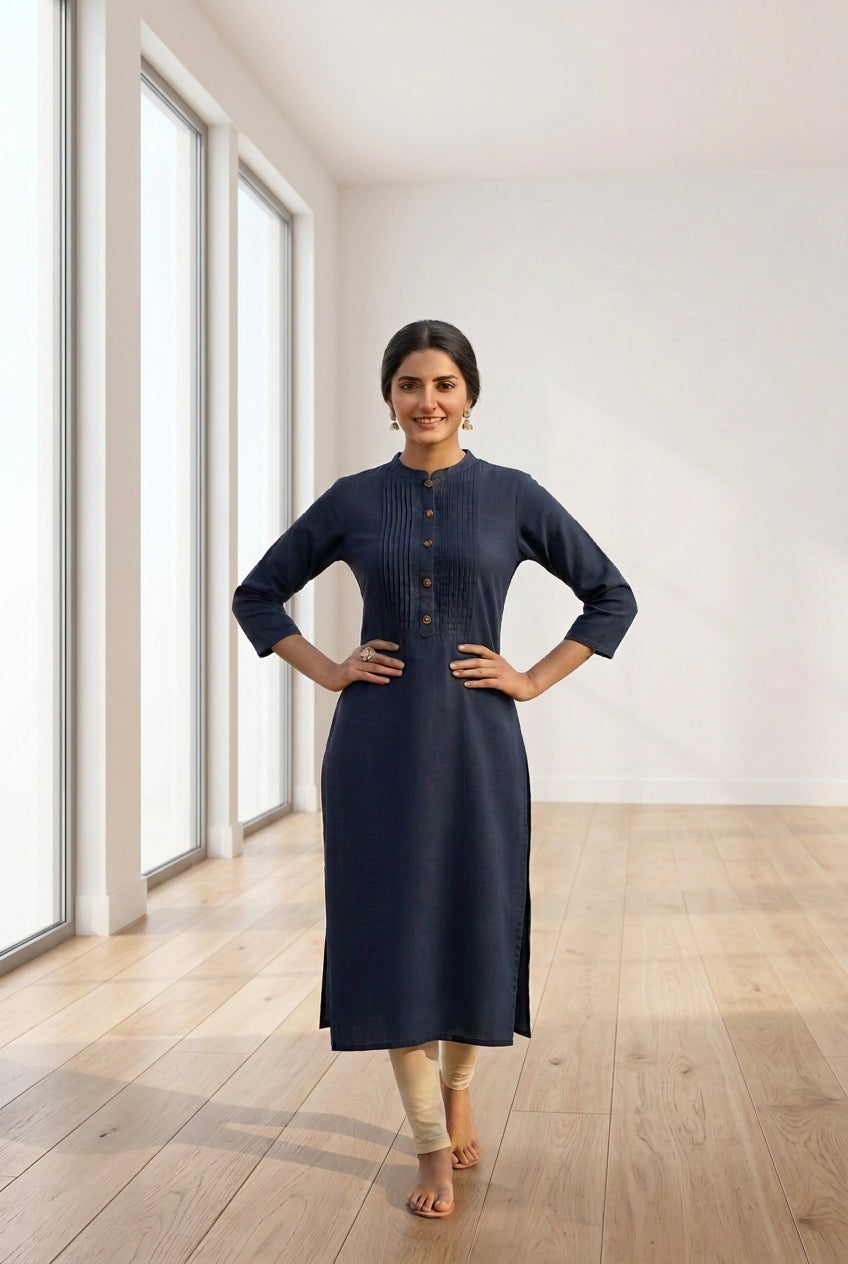 Woman in a navy blue kurta standing in a garden with flowers and greenery.