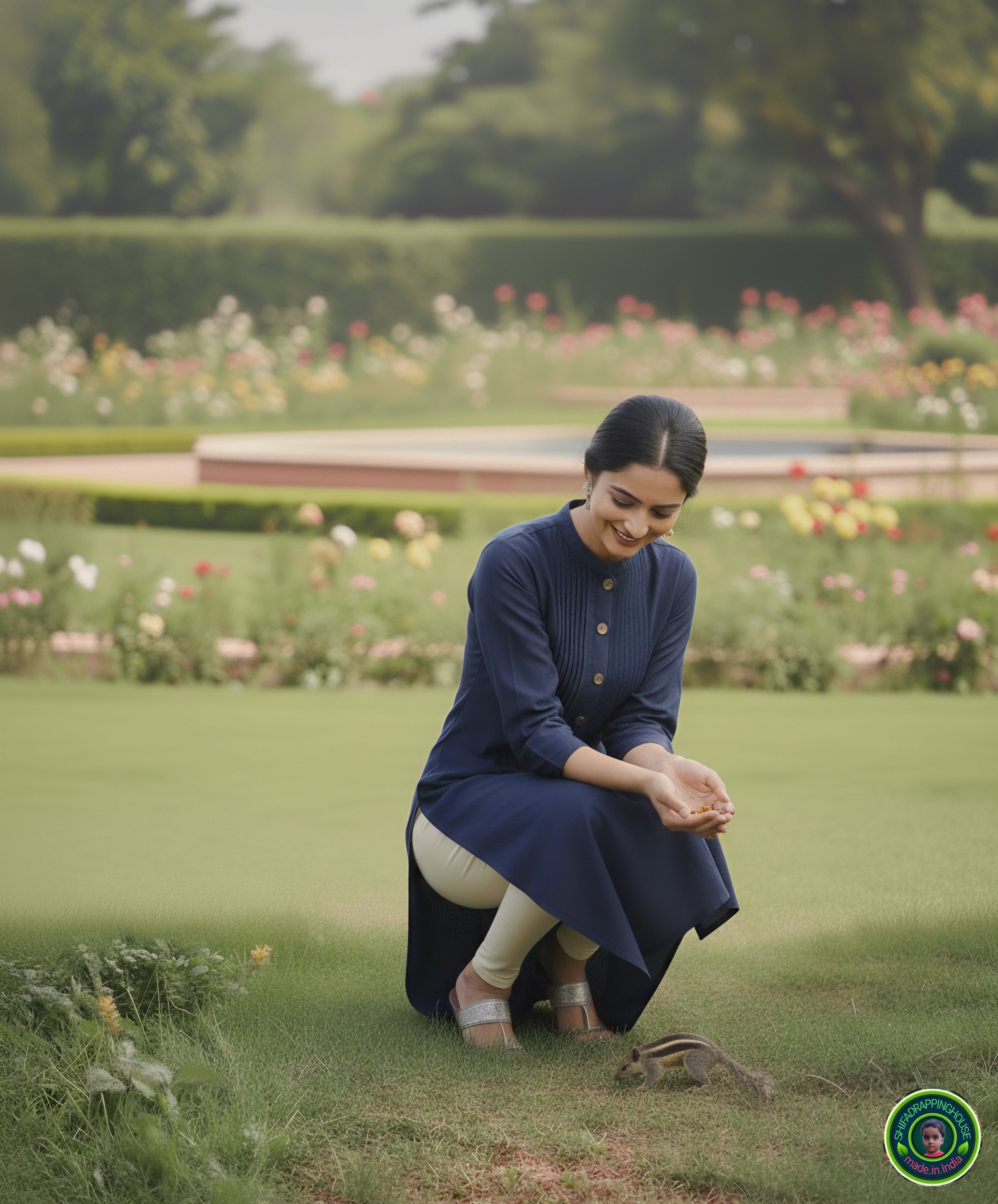 Premium Denim Straight-Cut Kurta with Pintex Yoke and Wooden Accents