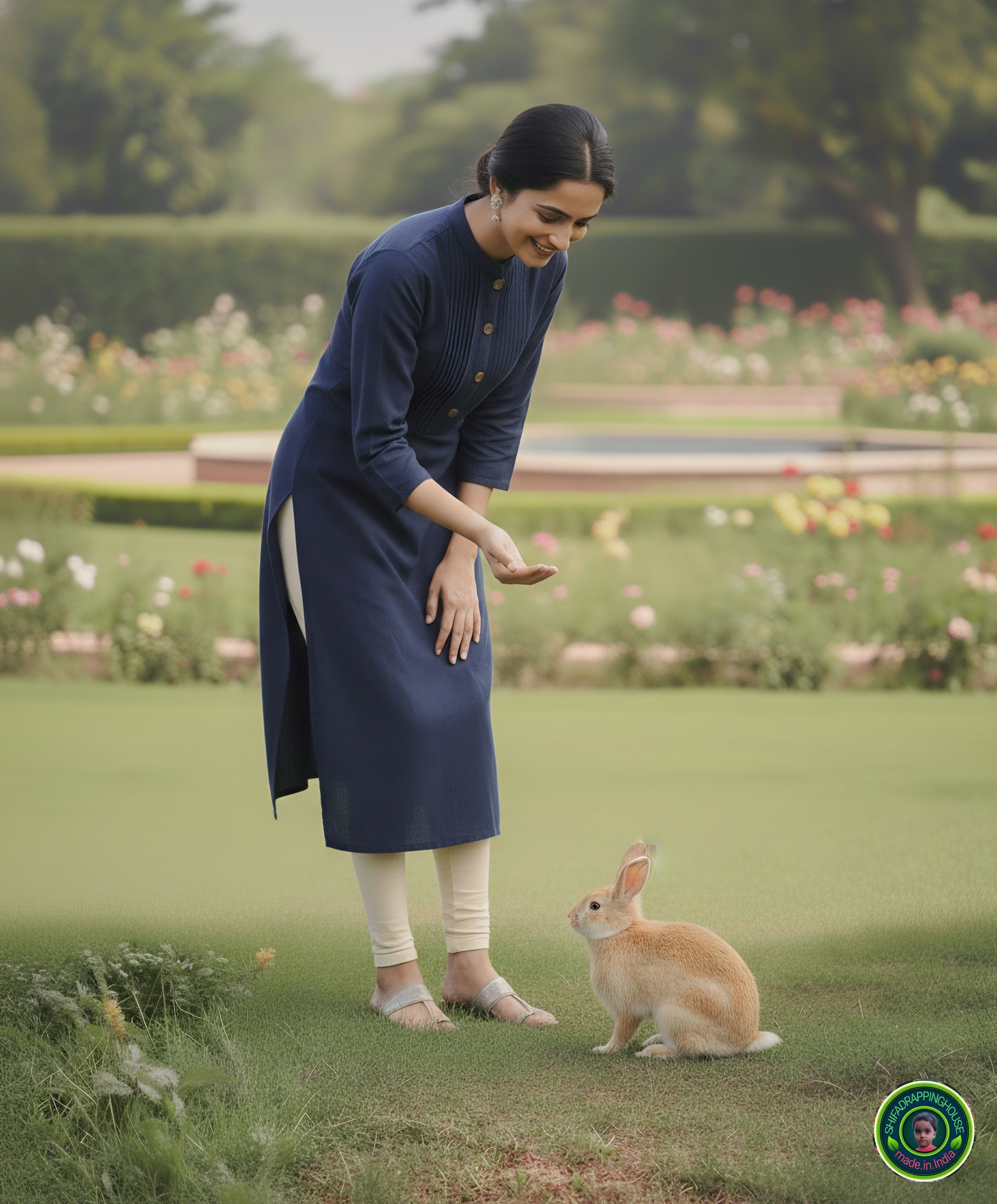 Premium Denim Straight-Cut Kurta with Pintex Yoke and Wooden Accents