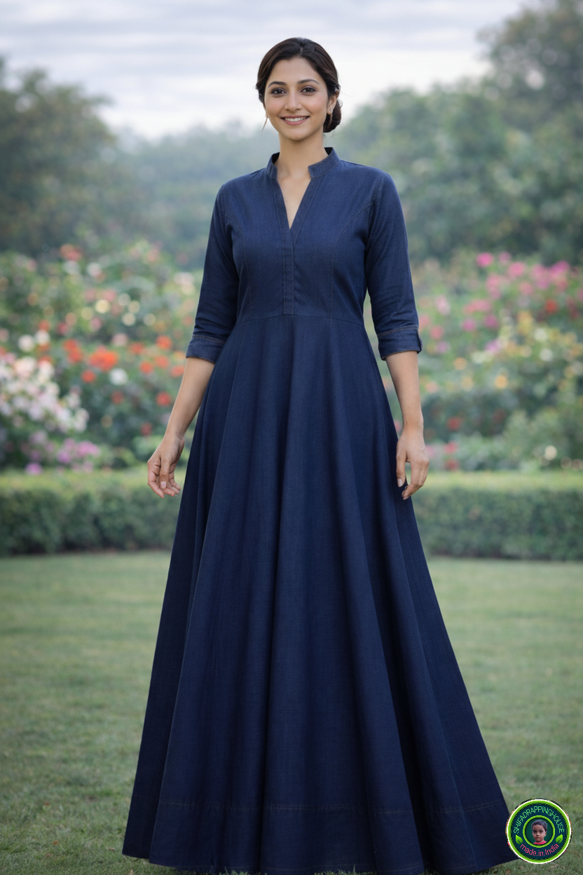 Elegant Indigo Soft Denim. Indo.Western maxi. Gown with Mandarin Collar & Princess Cut