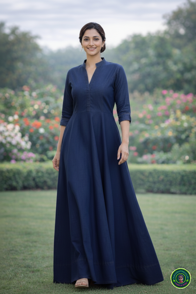 Elegant Indigo Soft Denim. Indo.Western maxi. Gown with Mandarin Collar & Princess Cut