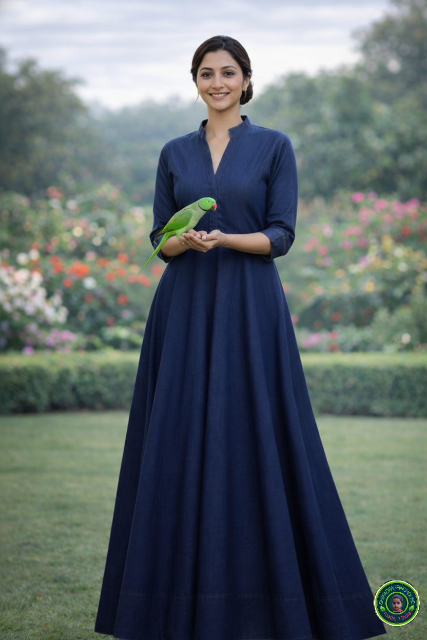 Elegant Indigo Soft Denim. Indo.Western maxi. Gown with Mandarin Collar & Princess Cut