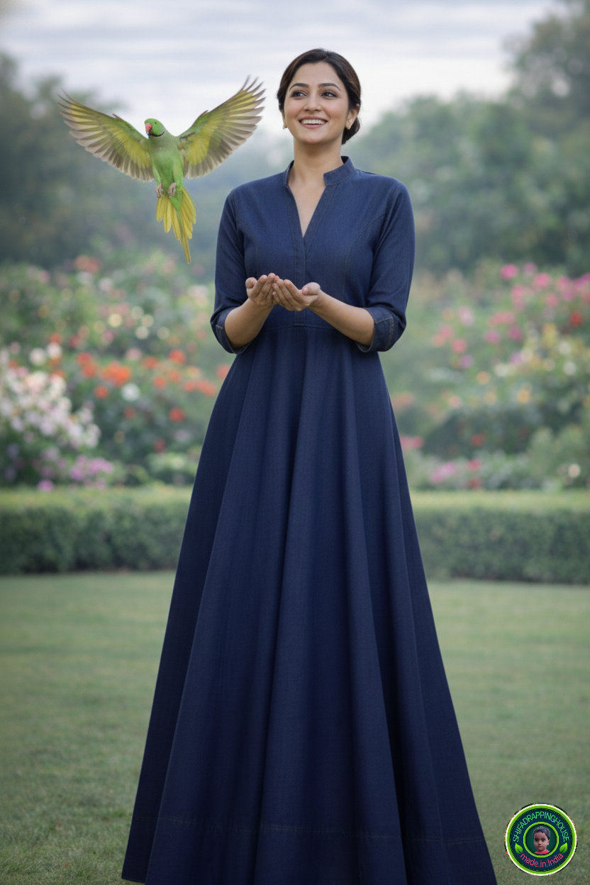 Elegant Indigo Soft Denim. Indo.Western maxi. Gown with Mandarin Collar & Princess Cut