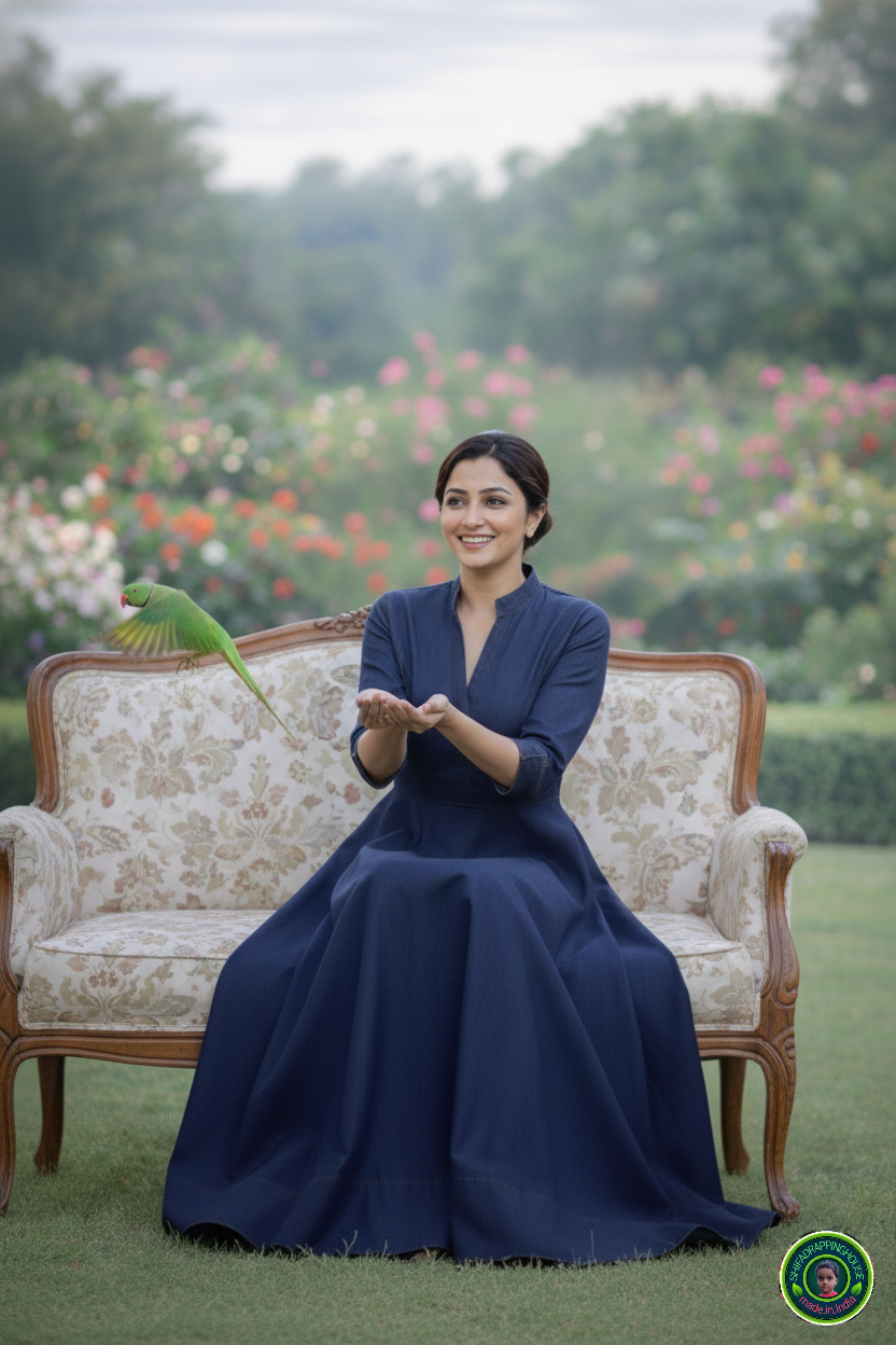 Elegant Indigo Soft Denim. Indo.Western maxi. Gown with Mandarin Collar & Princess Cut