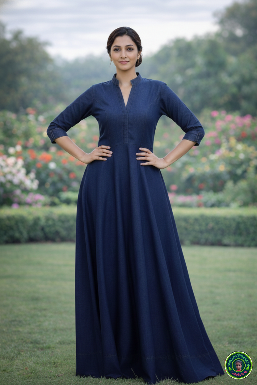 Elegant Indigo Soft Denim. Indo.Western maxi. Gown with Mandarin Collar & Princess Cut