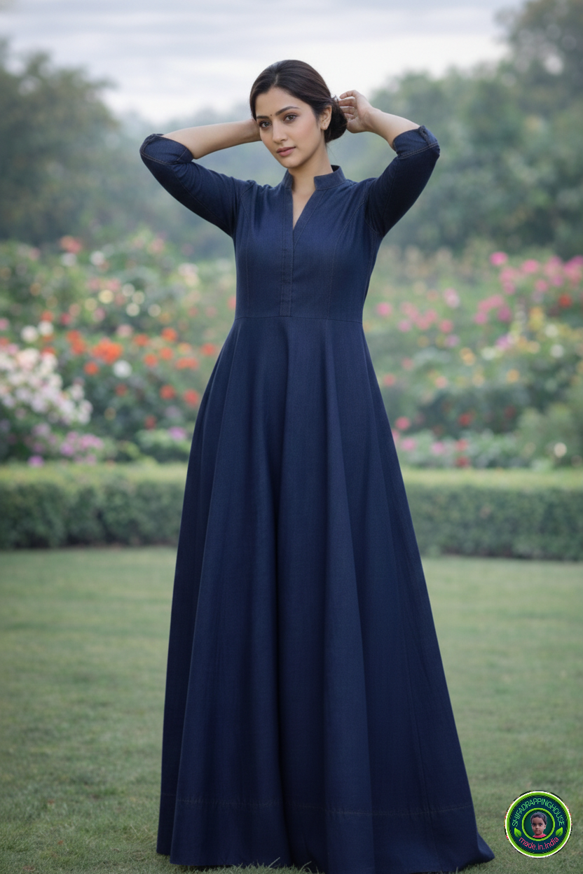 Elegant Indigo Soft Denim. Indo.Western maxi. Gown with Mandarin Collar & Princess Cut