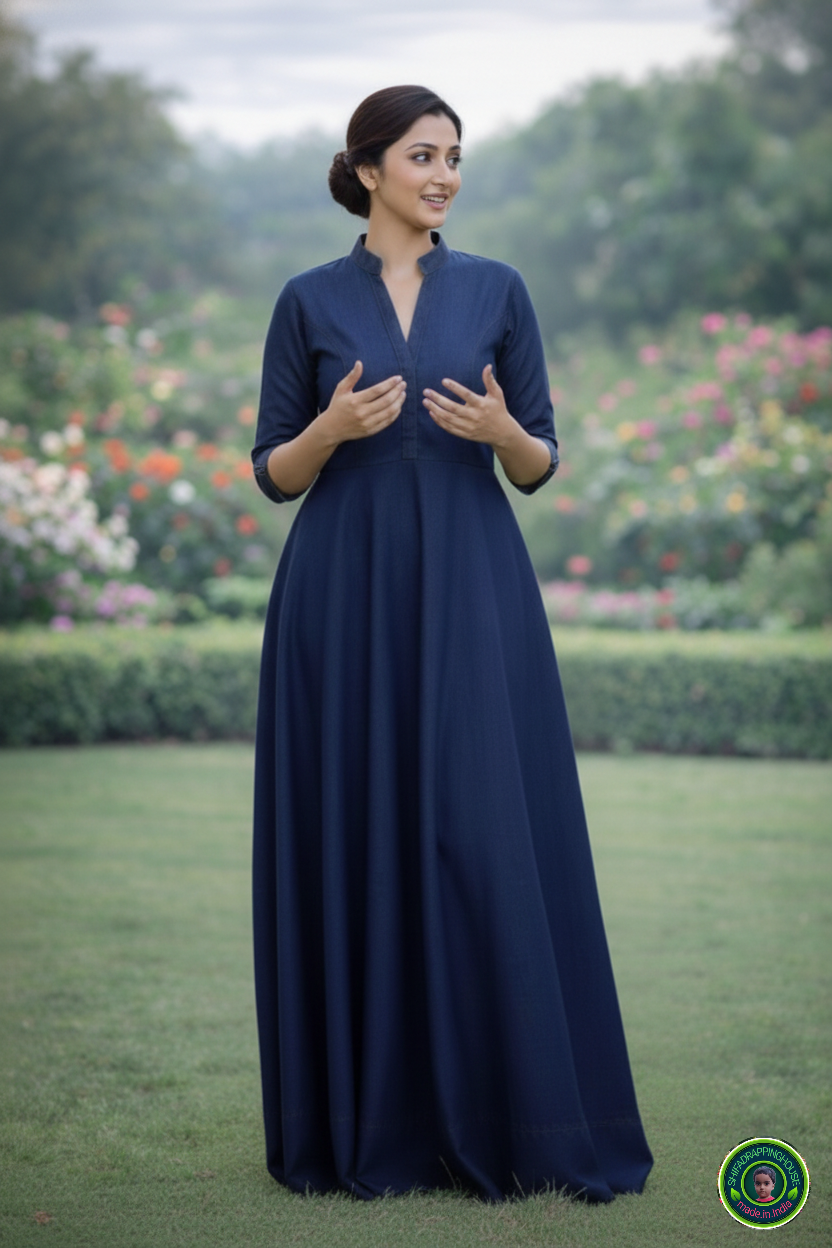 Elegant Indigo Soft Denim. Indo.Western maxi. Gown with Mandarin Collar & Princess Cut